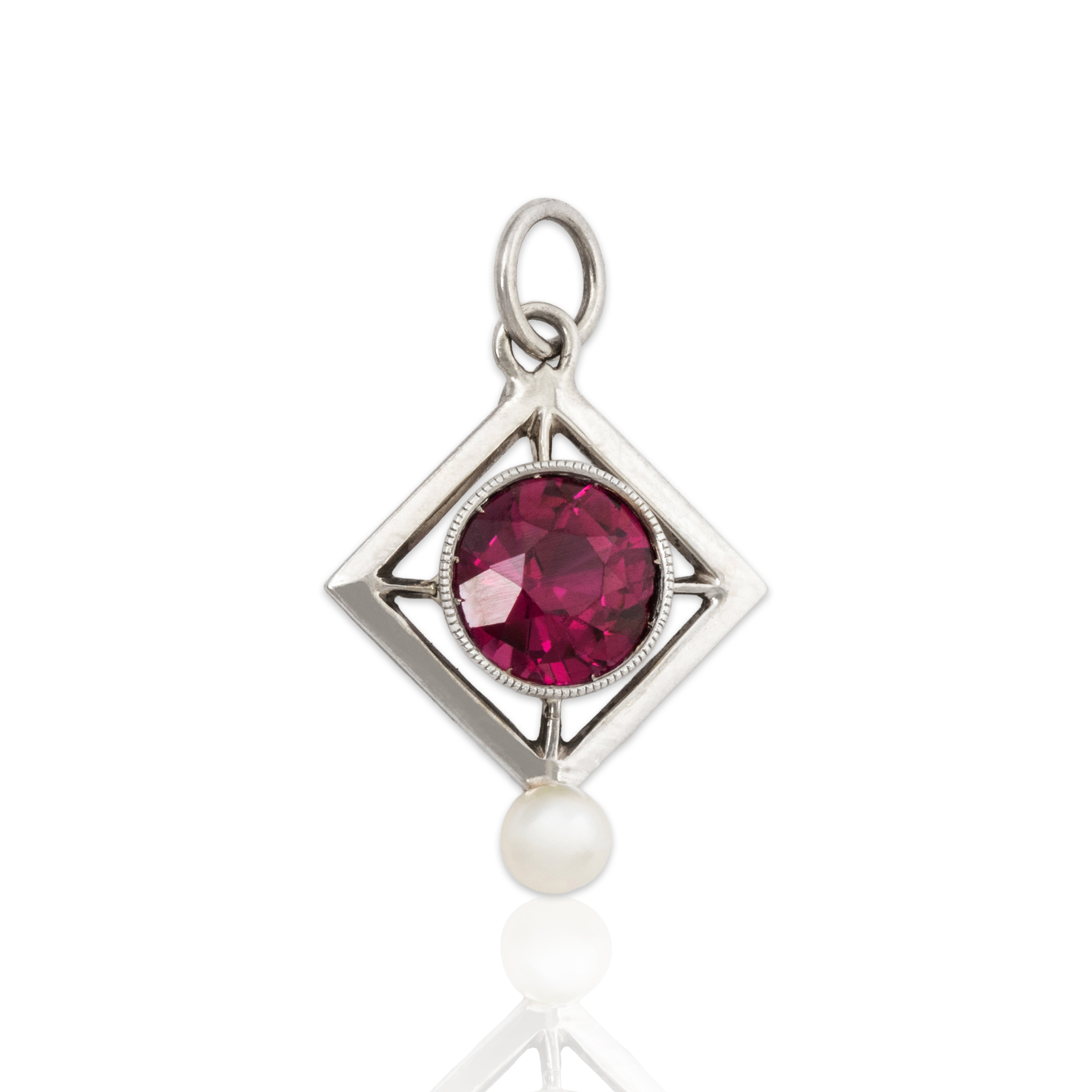 Antique 14k White Gold 1ct Garnet Pearl Geometric Charm / Pendant、mySite、hinf8tx79