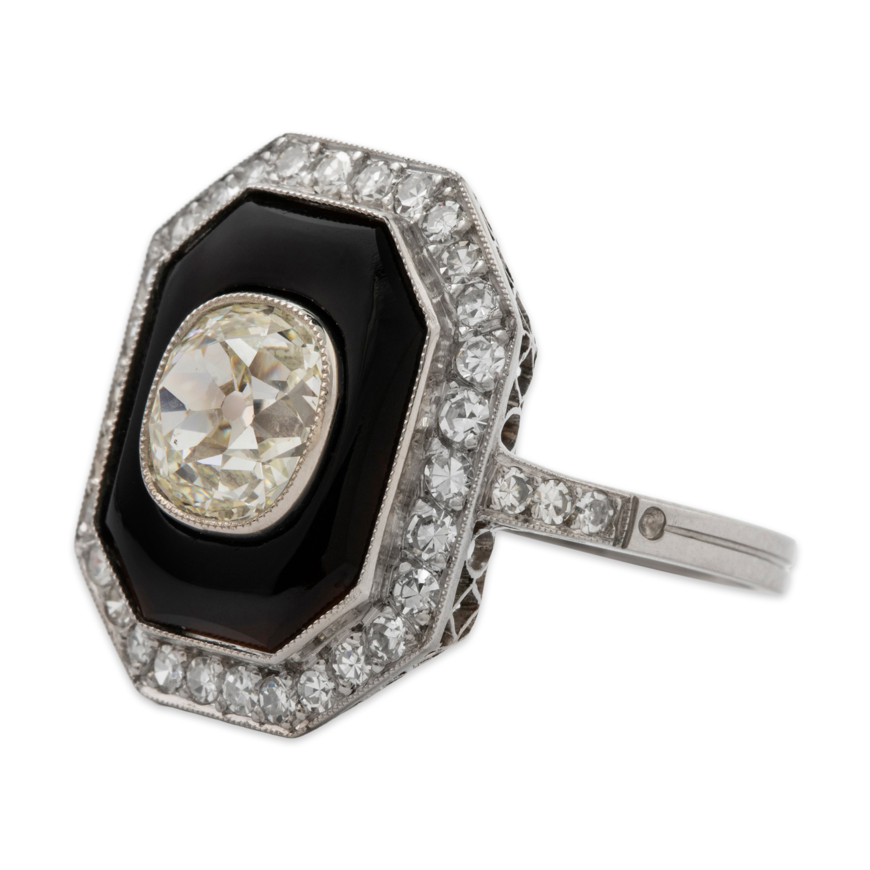 Chic Antique Art Deco Platinum 2.04cttw VS1-VS2 Old Mine Diamond Onyx Ring 6.75、mySite、hinf8tx79