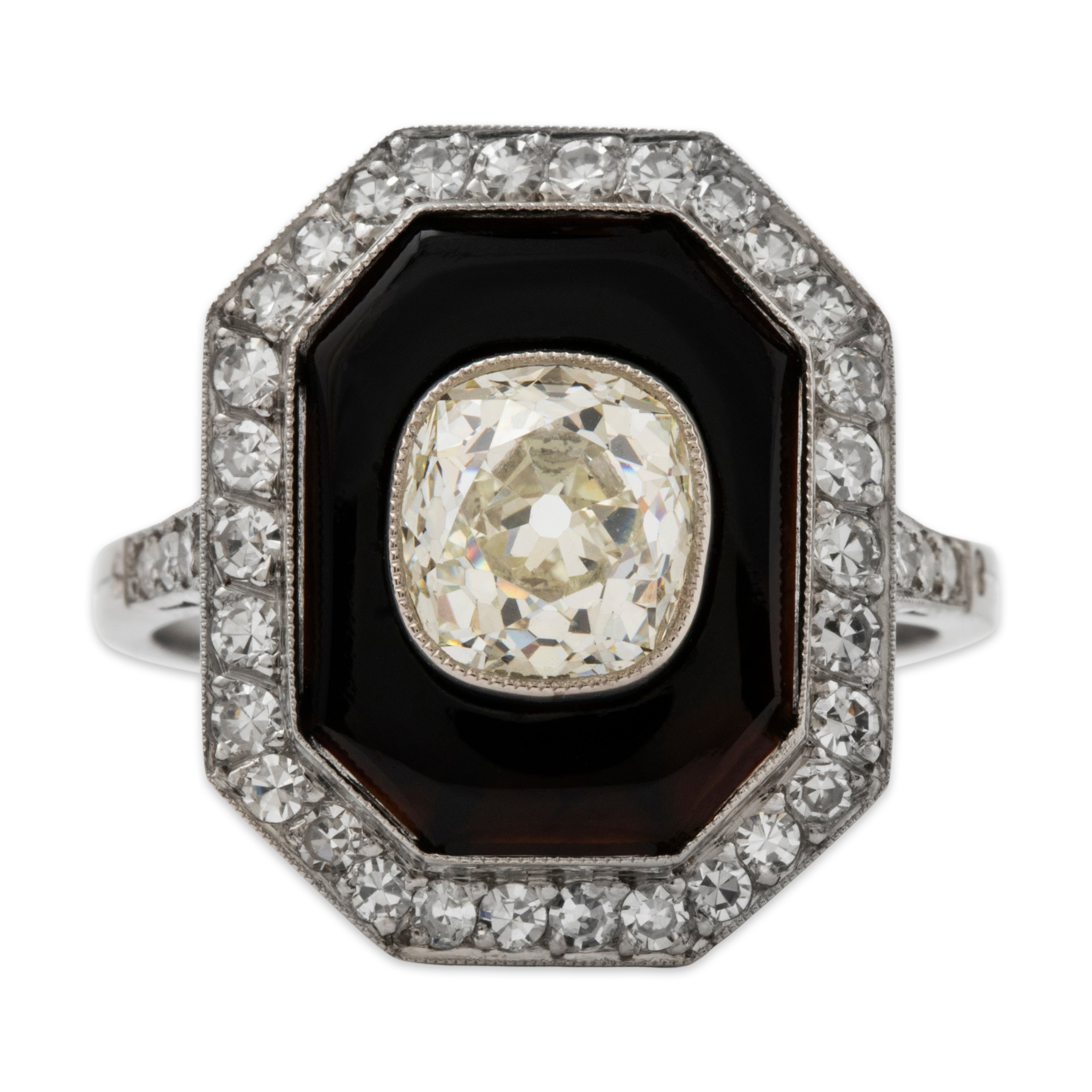 Chic Antique Art Deco Platinum 2.04cttw VS1-VS2 Old Mine Diamond Onyx Ring 6.75、mySite、hinf8tx79