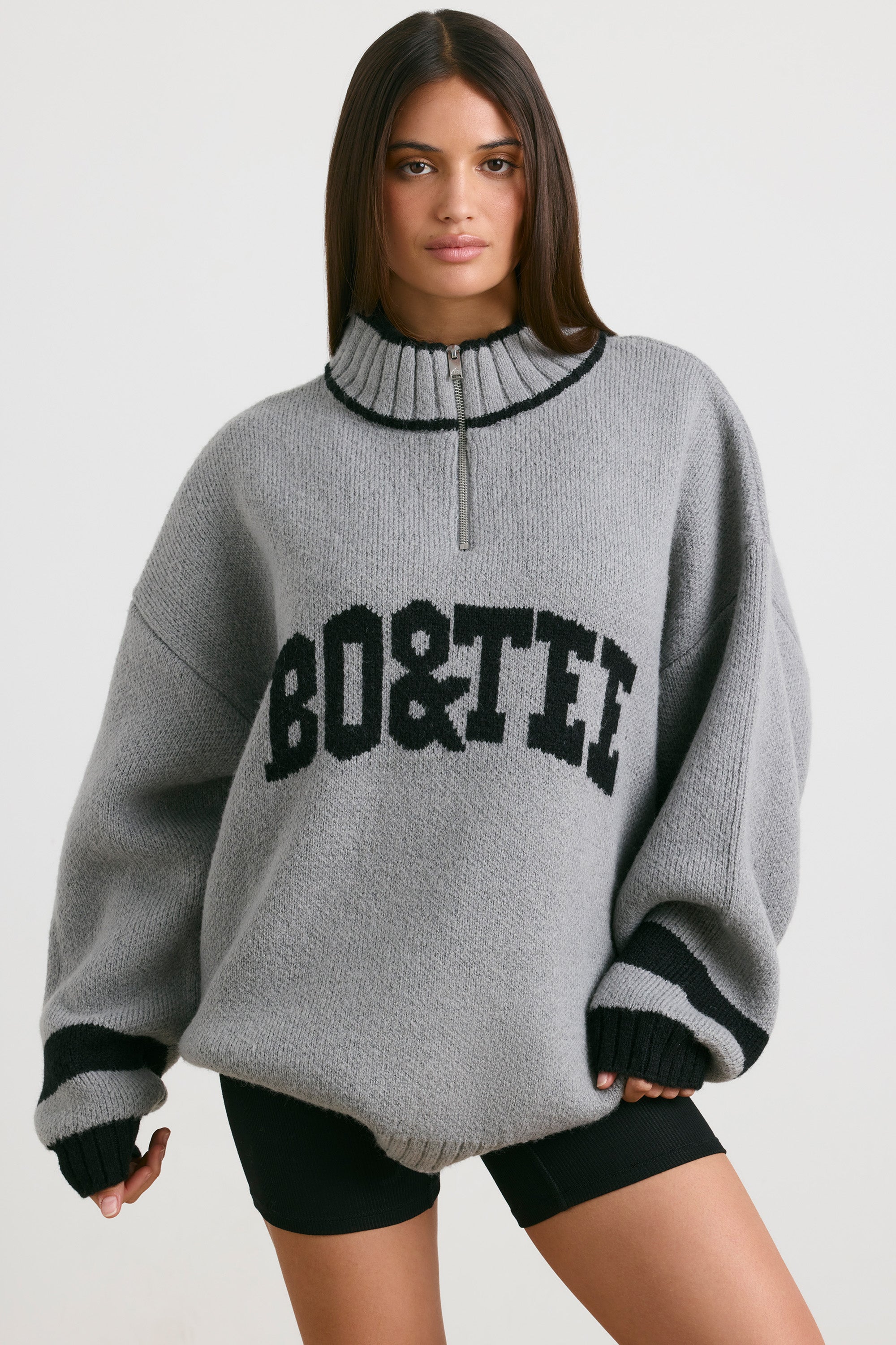 Oversized Quarter-Zip Chunky-Knit Jumper in Heather Grey、mySite、solidvoid