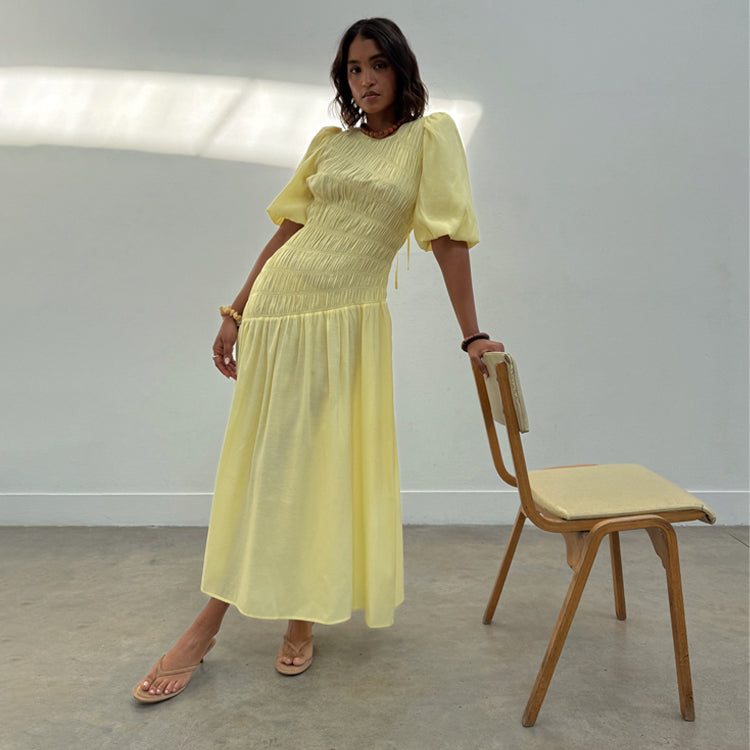 Butter Yellow Shirred Nara Dress、mySite、solidvoid