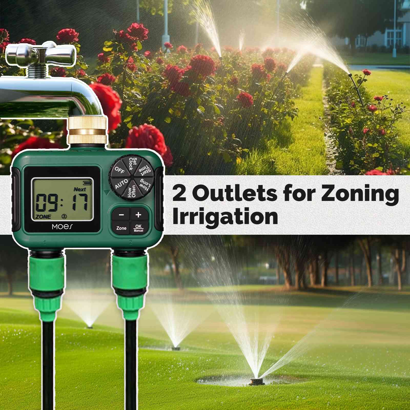 Water Timer For Garden Hose Drip Irrigation 2-Outlet Brass Inlet IPX5 Waterproof US Version、mySite、fannypackpong