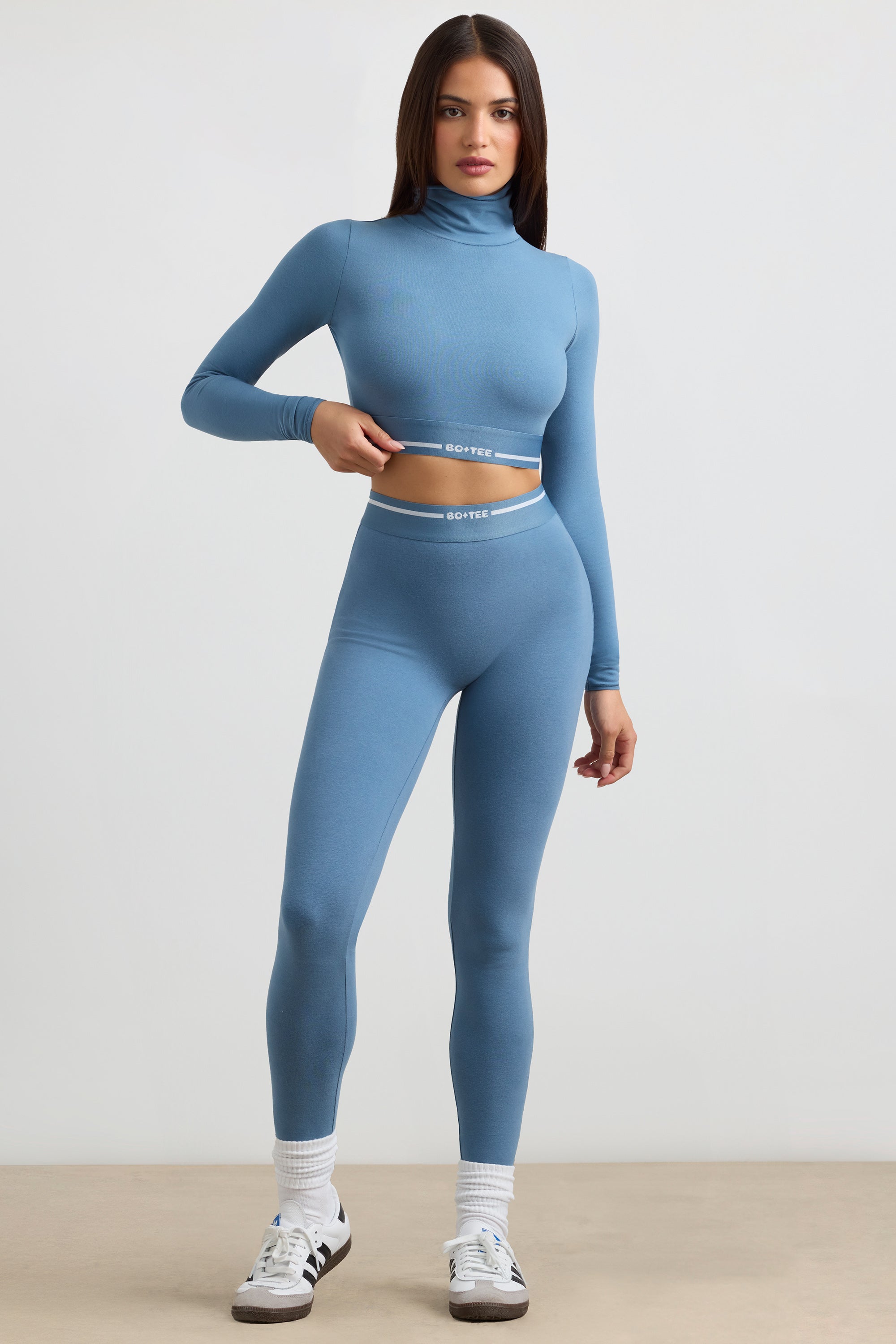 Turtleneck Backless Long-Sleeve Crop Top in Steel Blue、mySite、solidvoid