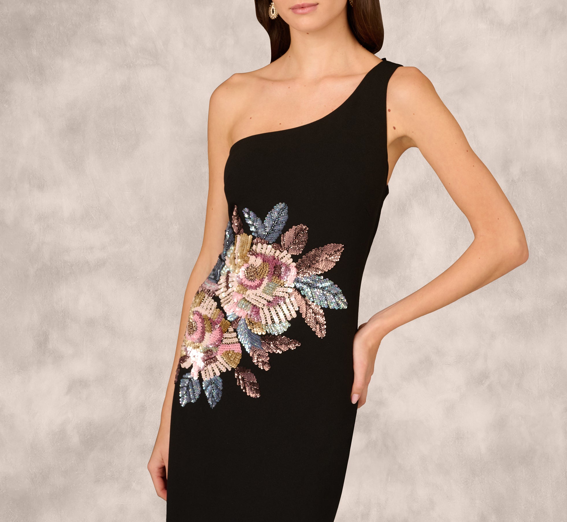 One Shoulder Beaded Floral Detail Long Dress In Black、mySite、solidvoid