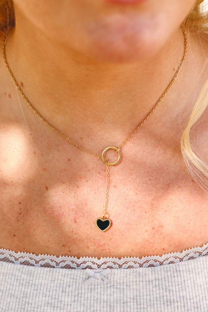 18K Gold PVD Stainless Steel Black Heart Lariat Necklace / CHN0056、mySite、dreamappss
