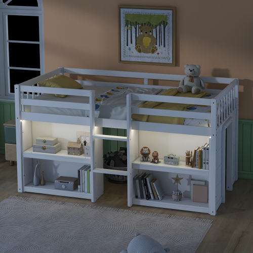 Twin Size Kid Low Loft Bed With Two-Tier Shelves And LED Light For White Color、、xpatfood