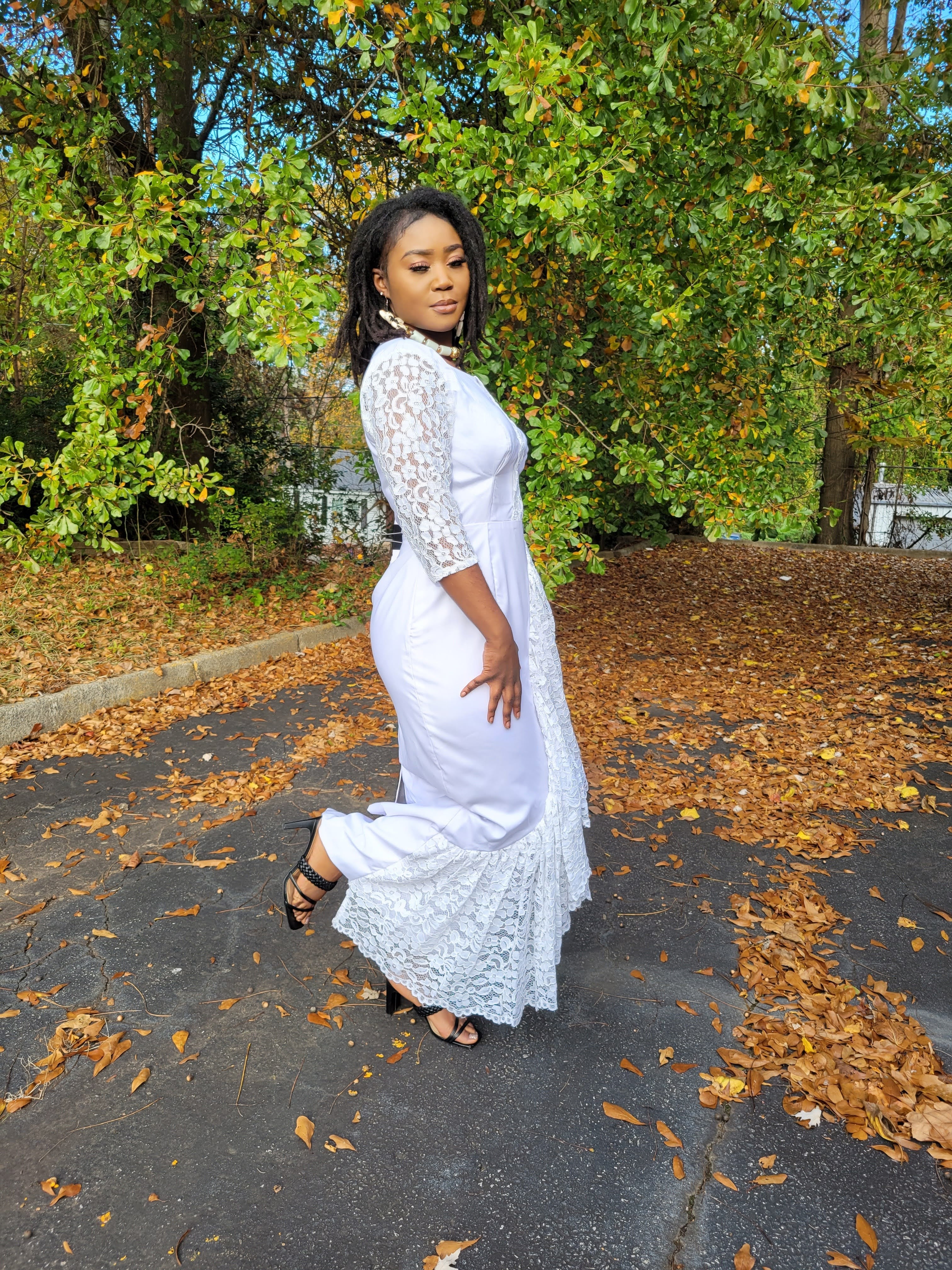 Ayabawa All White African Dress with Lace Trim - DP7020、mySite、solidvoid