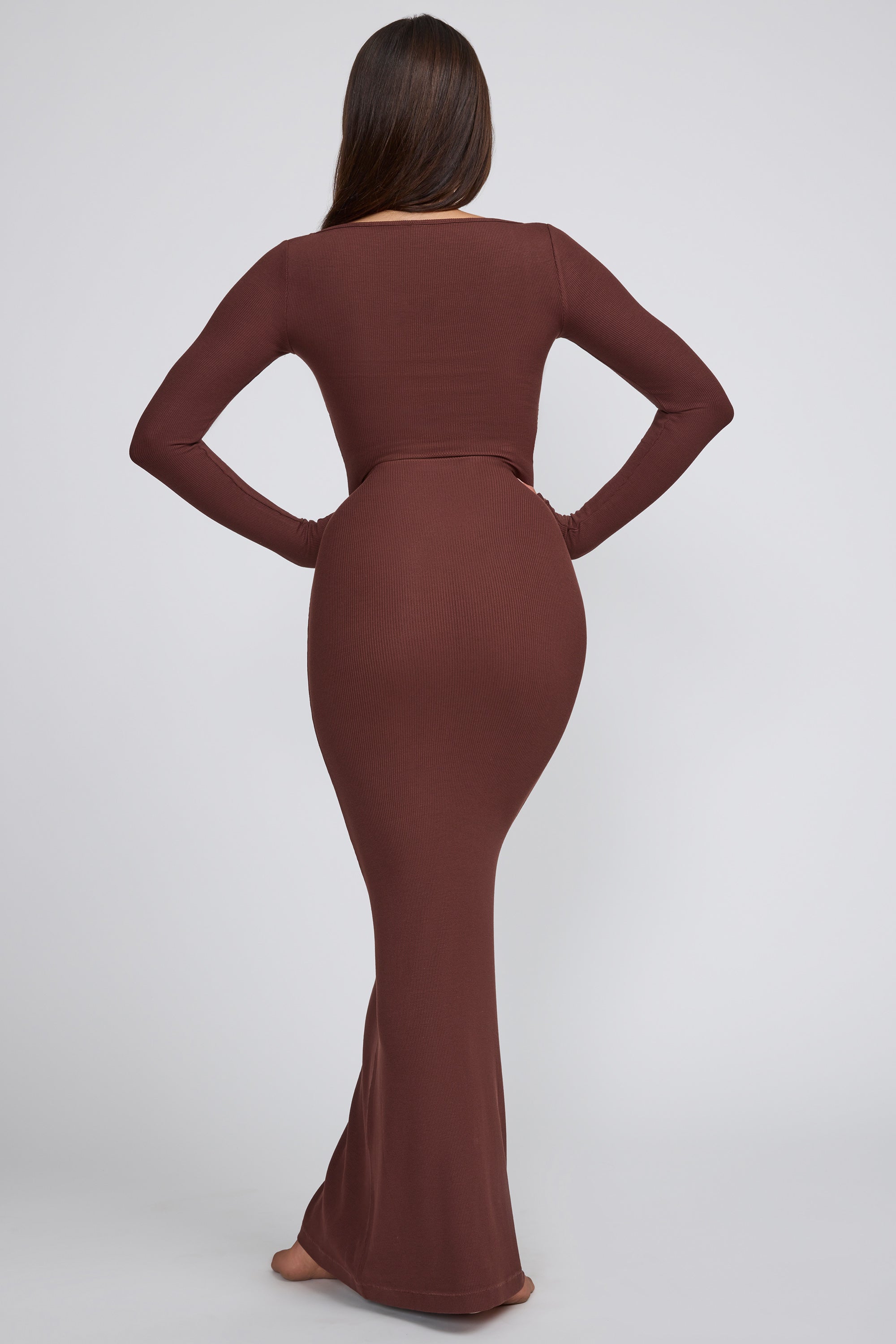Ribbed Modal Long Sleeve Maxi Dress in Chocolate、mySite、solidvoid