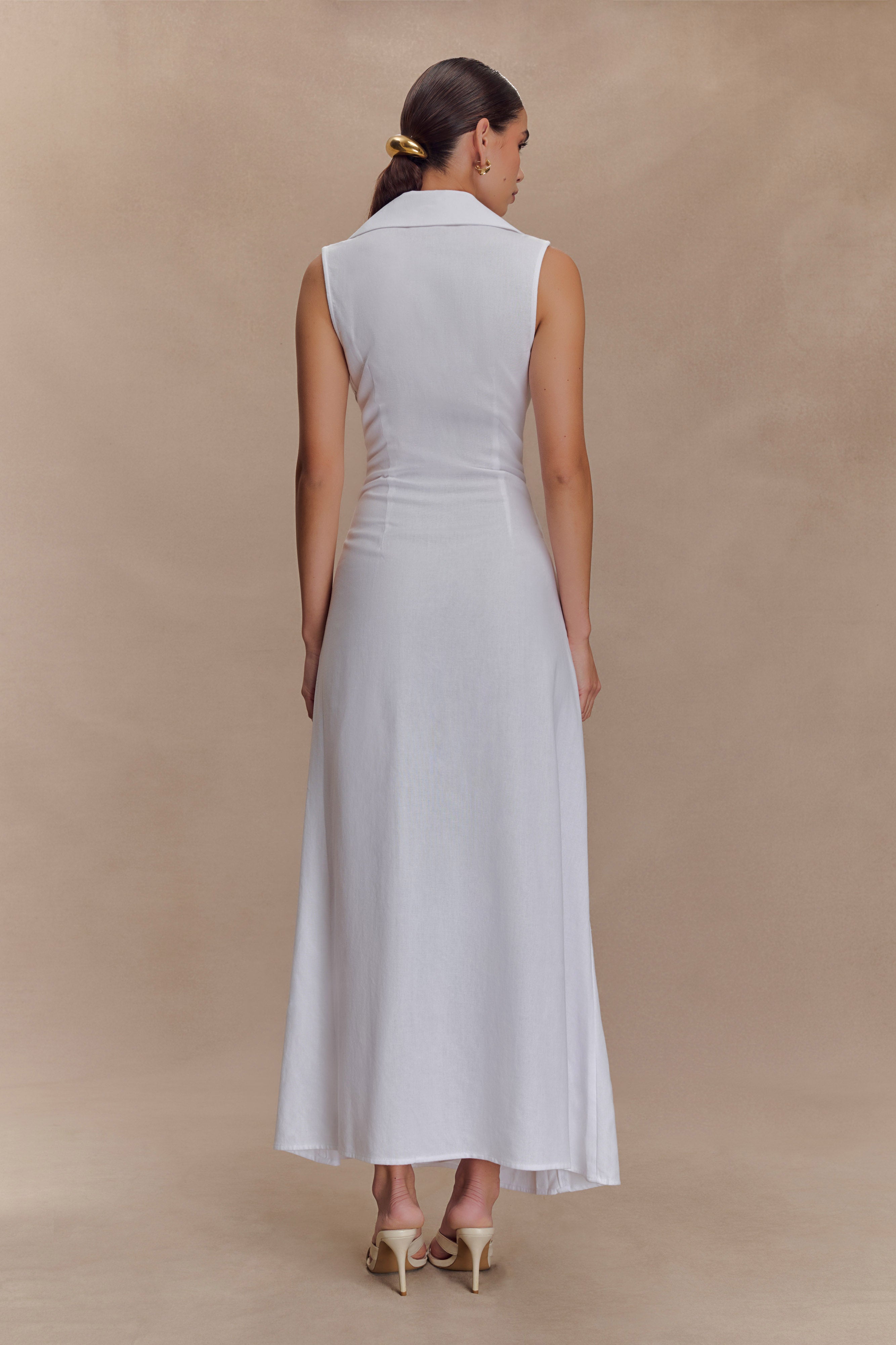 Dante Ruched Linen Midi Dress - White、mySite、solidvoid