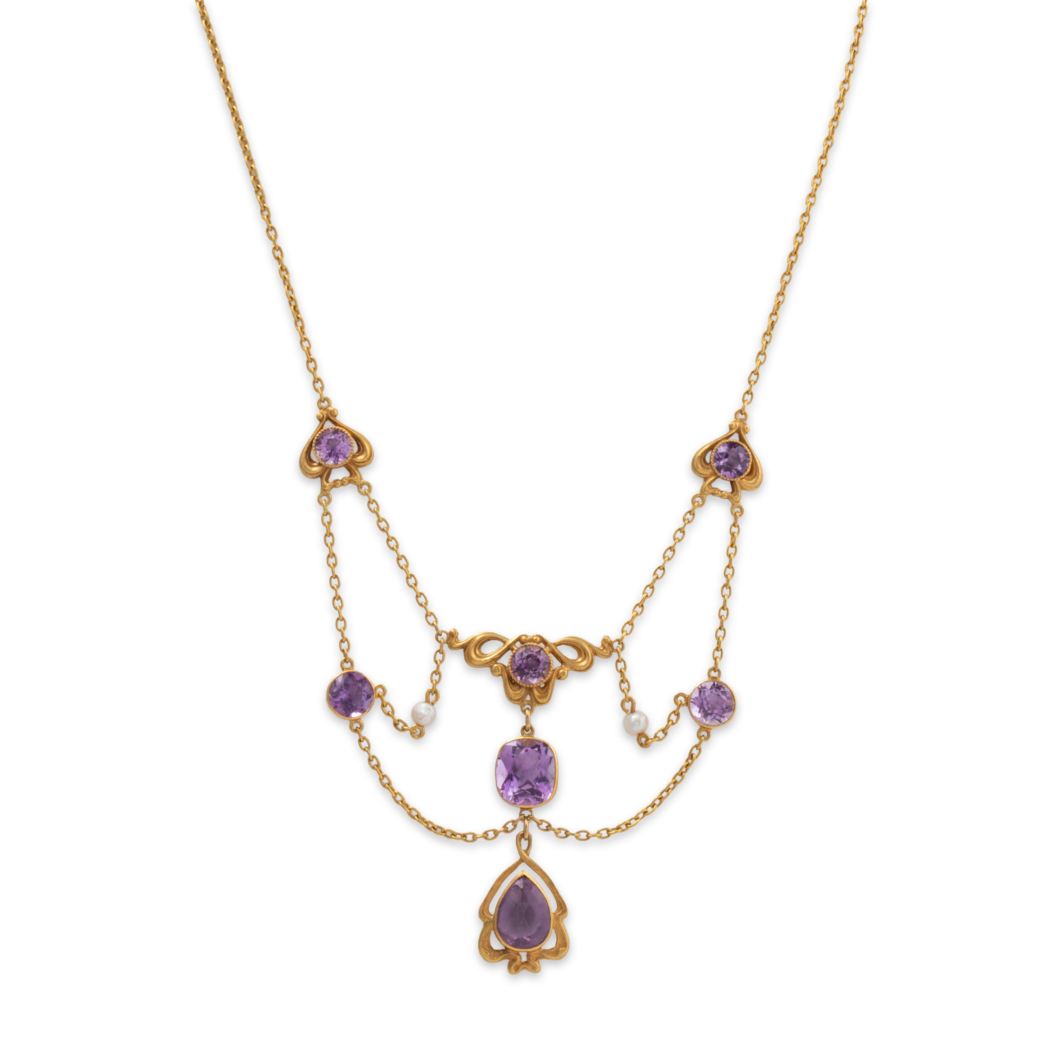 Antique Rare 14k Yellow Gold 9.57cttw Amethyst Pearl Festoon Necklace 16、mySite、hinf8tx79