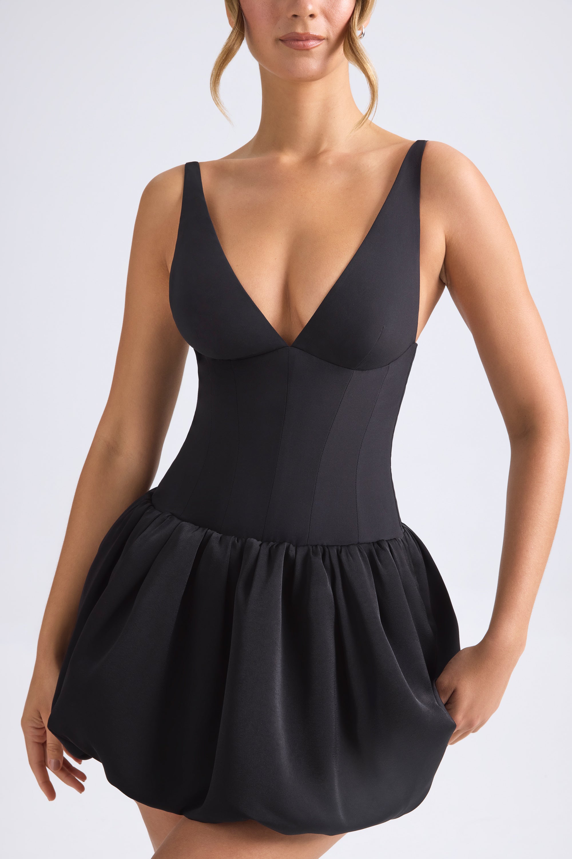 Lace-Up Bubble Hem Corset Micro Mini Dress in Black、mySite、solidvoid