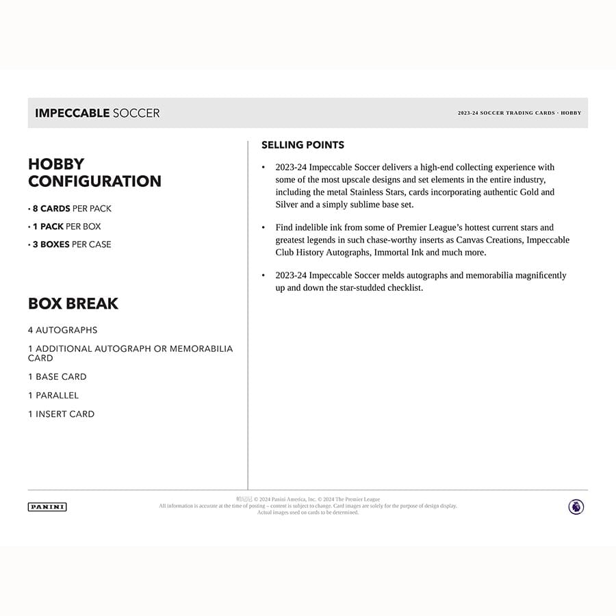 Panini impeccable Premier League Soccer 2023/24 - Hobby Box、mySite、waistdrama