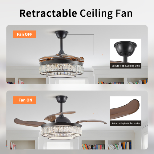 42" Retractable Ceiling Fan with Light, Modern LED Chandelier Fan with Remote Control, 6 Speed Adjustable Blades, Quiet DC Motor, Dimmable Lighting for Living Room, Bedroom, Dining Room、、eastwooduniform