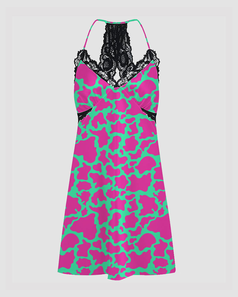 Women Pink Cow Print Satin Suspender Pajamas、mySite、bengalsvssteelers