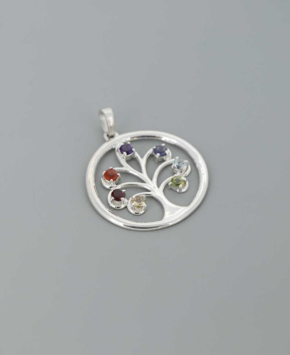 Round Sterling Silver Chakra Tree of Life Pendant、mySite、topwebapps