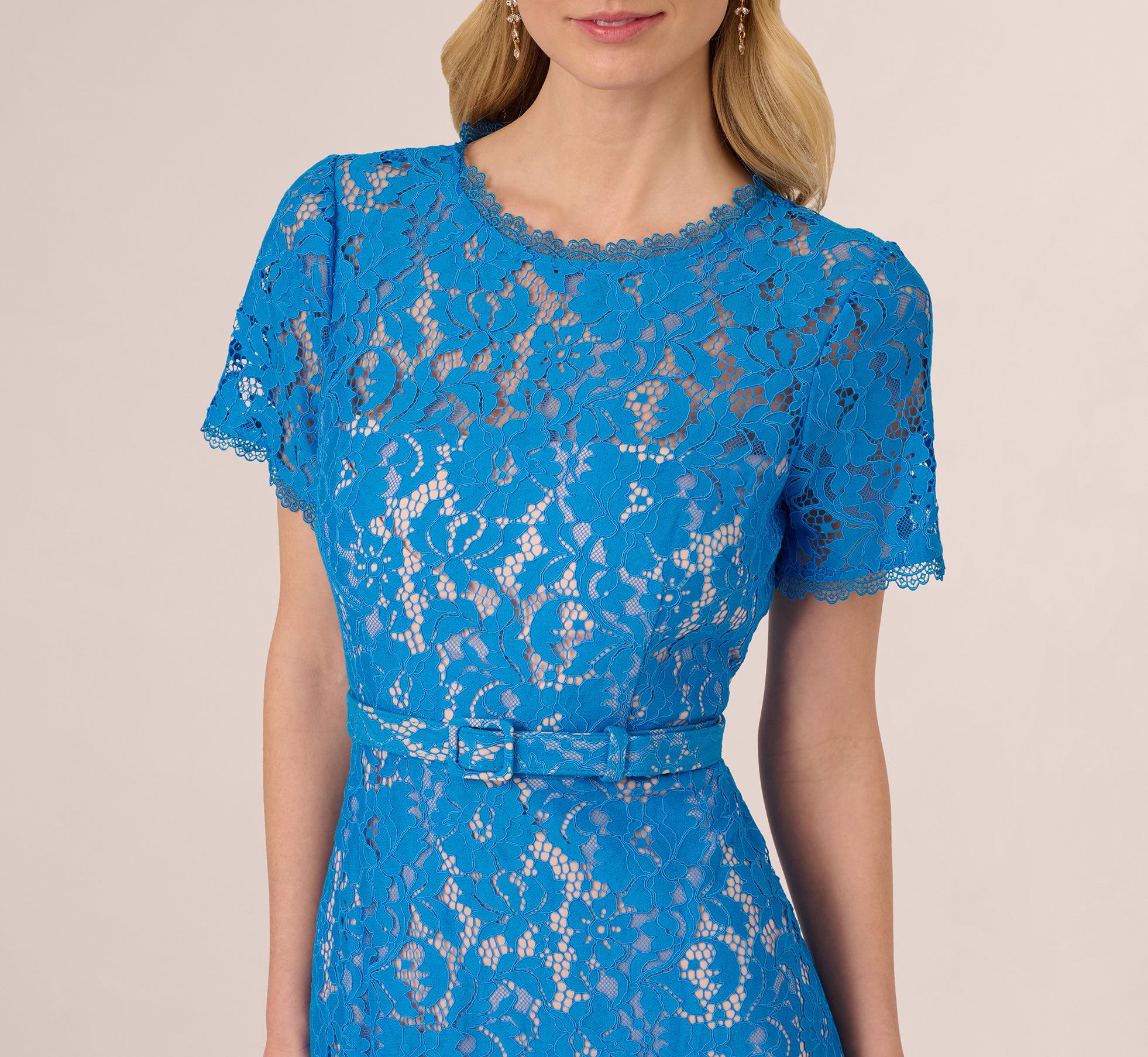 Short Sleeve Belted Lace Midi Dress In Blue Wave、mySite、solidvoid
