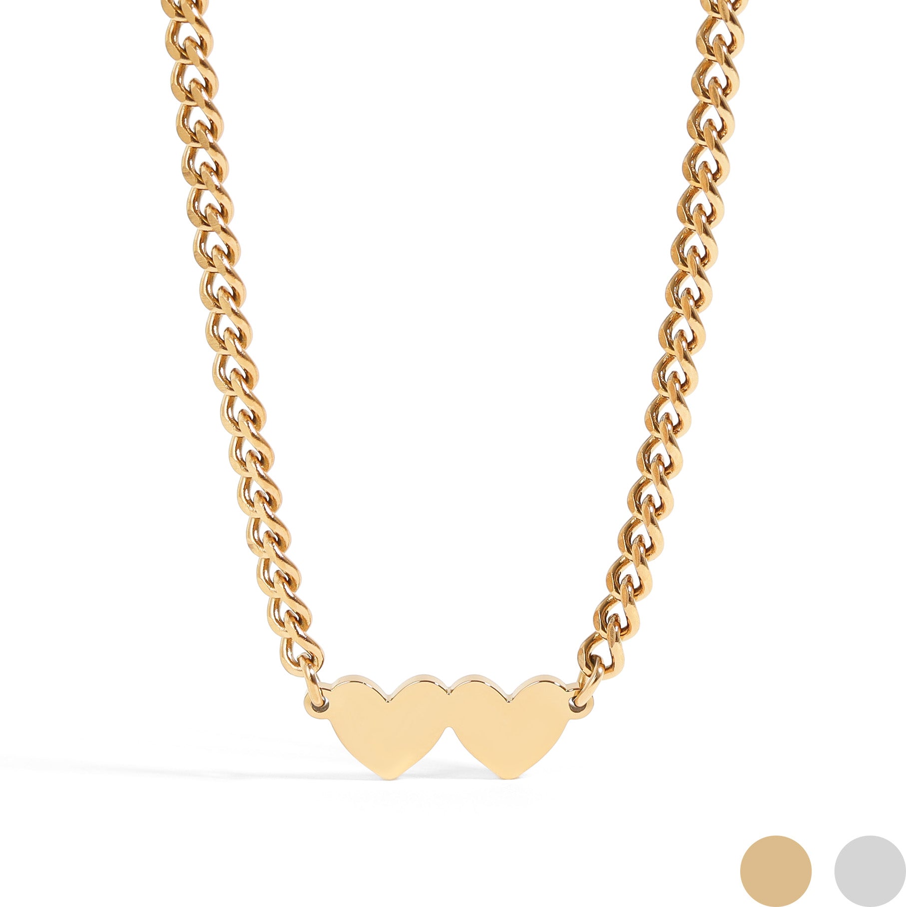 18K Gold PVD Stainless Steel Engravable 2 Hearts on Curb Chain Necklace / SBB0364、mySite、dreamappss