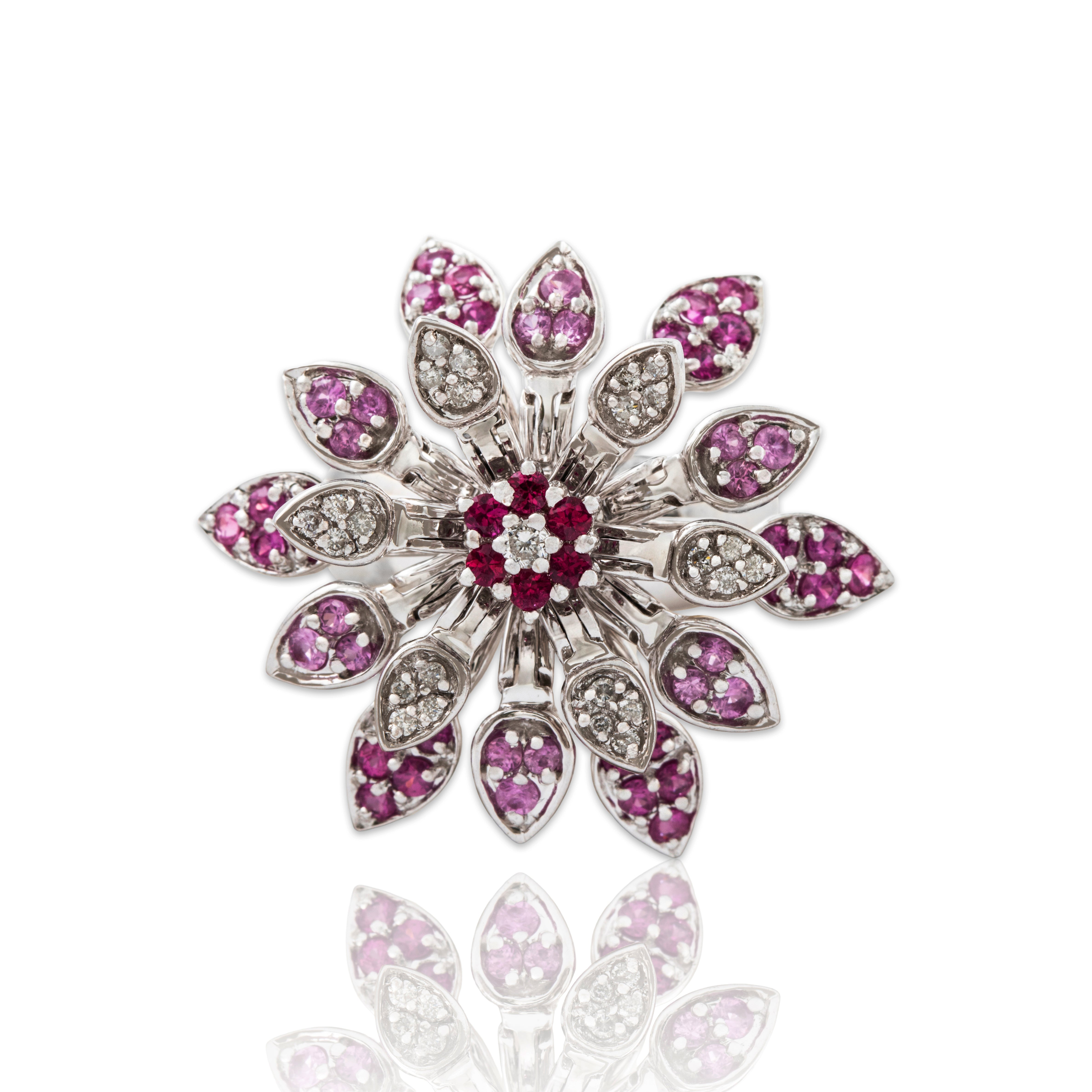 Vintage 18k White Gold Ruby 1.00cttw Pink Sapphire Spinning Flower Ring、mySite、hinf8tx79