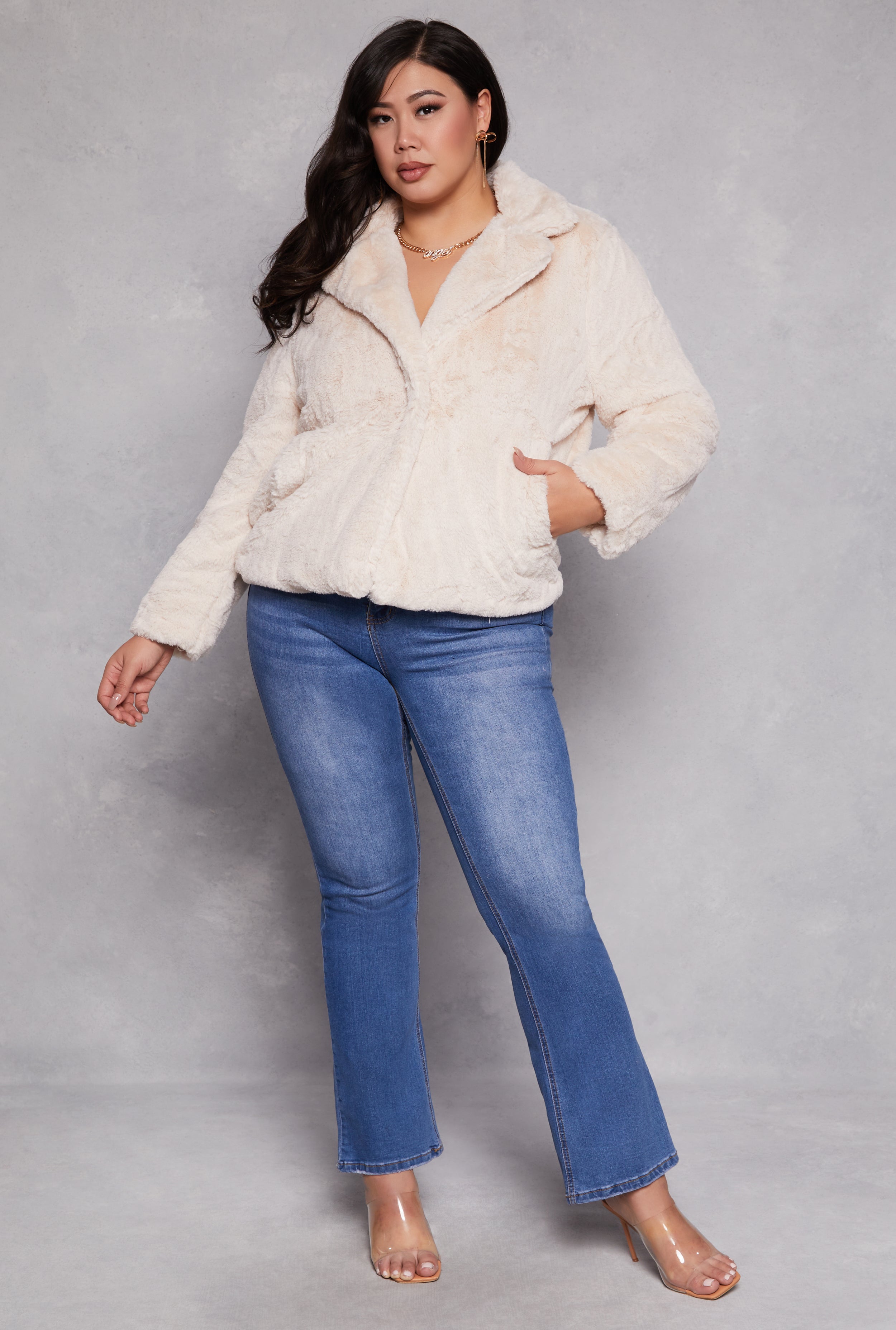 Plus Size Snap Button Faux Fur Jacket、mySite、camillekostekn