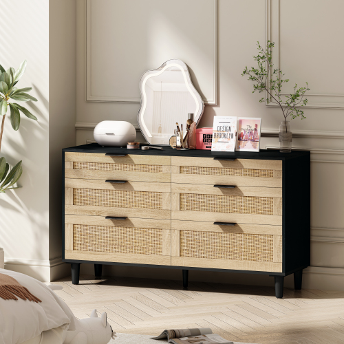 51.18"6-Drawers Rattan Storage Cabinet Rattan Drawer,for Bedroom,Living Room,Natural (Same SKU:W757P198980)、、casual