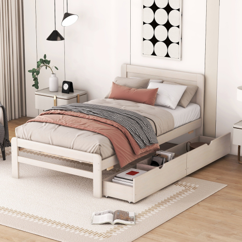 Modern Design Twin Size Platform Bed Frame with 2 Drawers for Walnut Color、、xpatfood