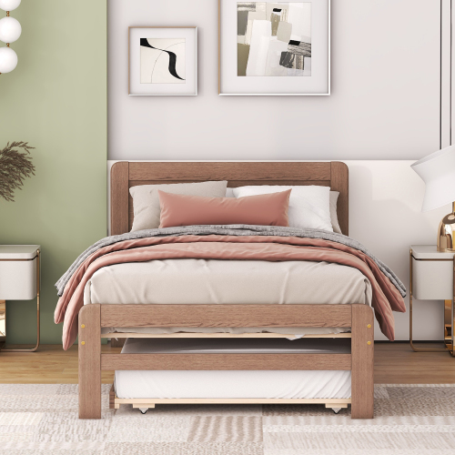 Modern Design Twin Size Platform Bed Frame with 2 Drawers for Walnut Color、、xpatfood