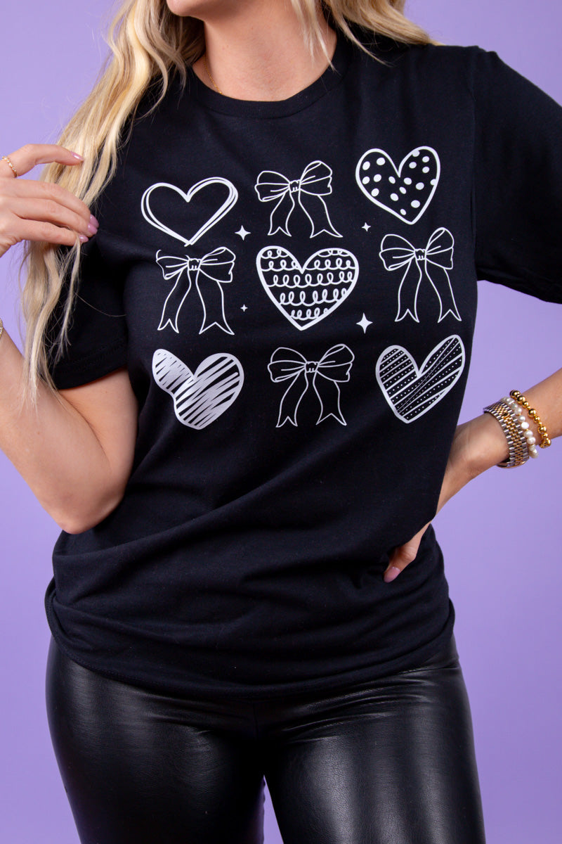 Hearts and Bows Outlined Graphic Tee - Black、mySite、hinf8tx79