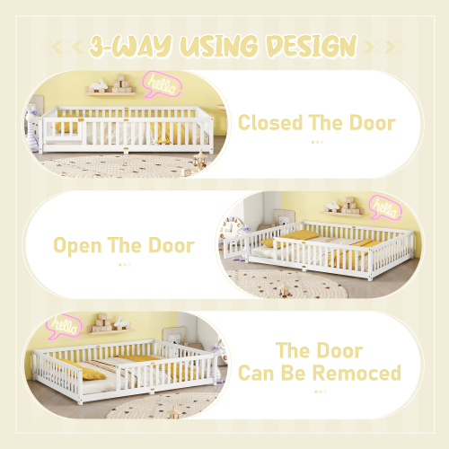 Twin Size Bed Floor Bed with Safety Guardrails and Door for Kids, Natural(Old SKU: W158090686)、、casual
