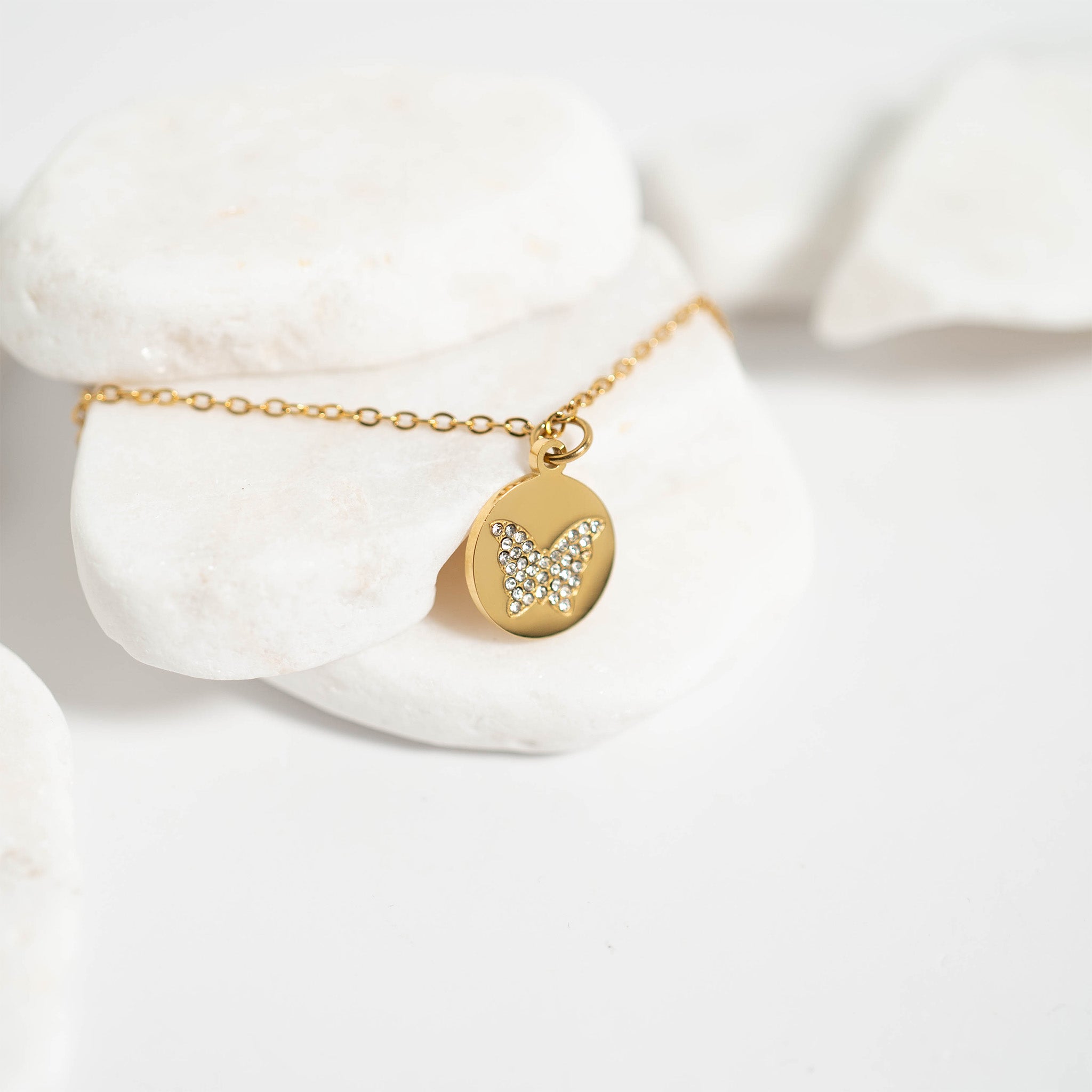 18K Gold PVD Stainless Steel Stone Butterfly Pendant Necklace / CHN0085、mySite、dreamappss