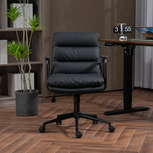 Office Chair,Mid Back Home Office Desk Task Chair with Wheels and Arms Ergonomic PU Leather Computer Rolling Swivel Chair with Padded Armrest,The back of the chair can recline 40° (Brown)、、casual