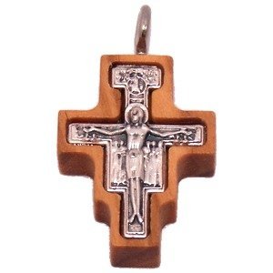 Olive wood Cross with Embedded pewter Cross - San Damiano model (2.3 cm - 0.9) - 6mm thick、mySite、topwebapps