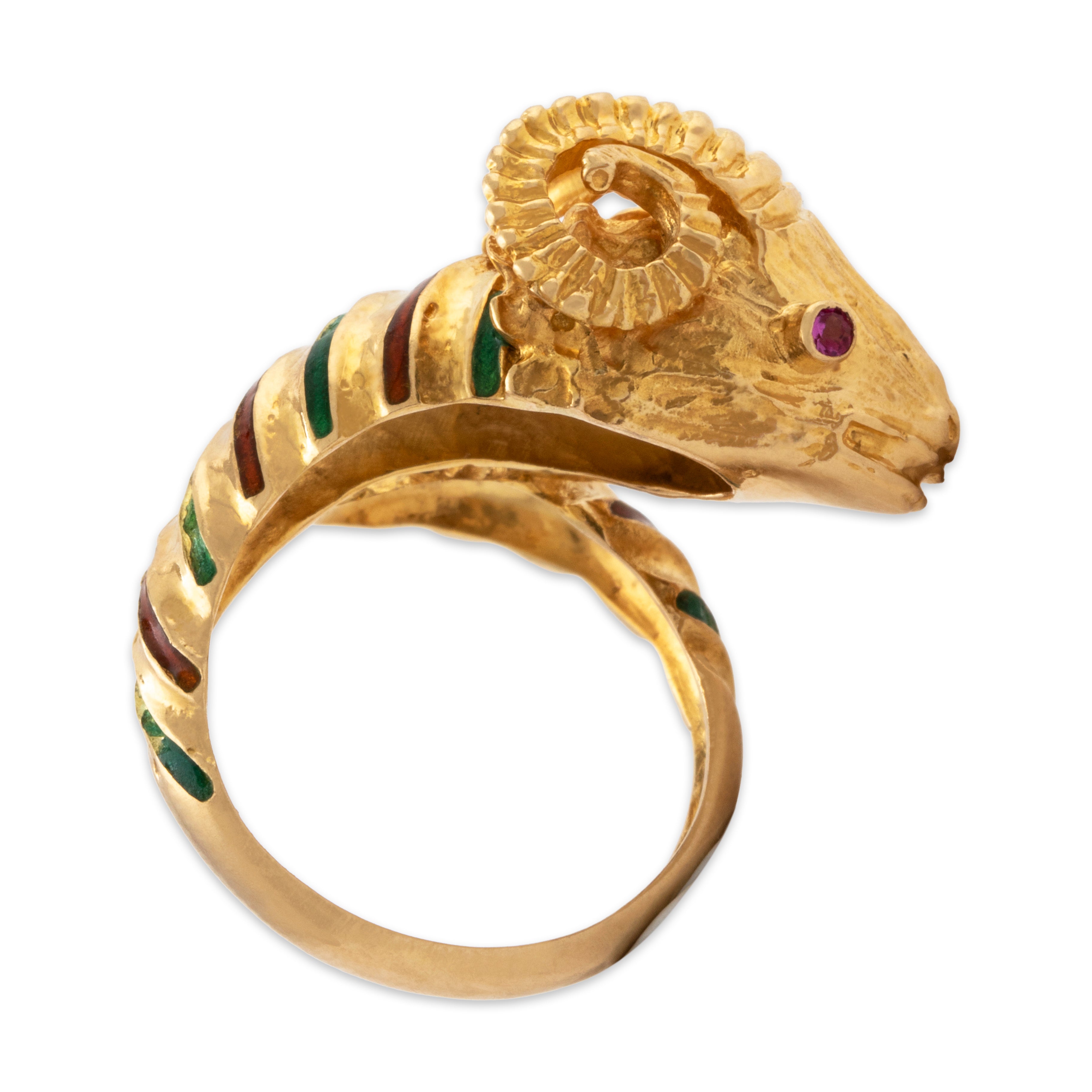 Vintage 18k Yellow Gold Pink Sapphire Green & Orange Enamel Ram Ring、mySite、hinf8tx79