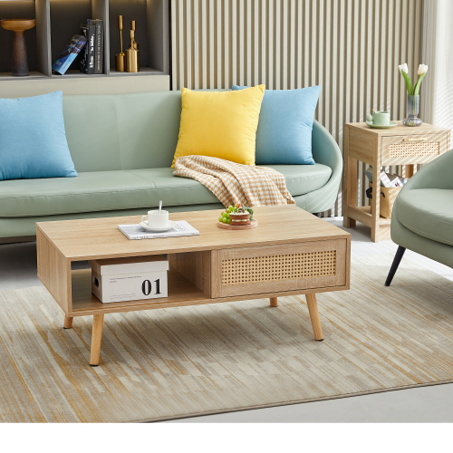 41.34" Rattan Coffee table, sliding door for storage, solid wood legs, Modern table for living room , natural、、casual