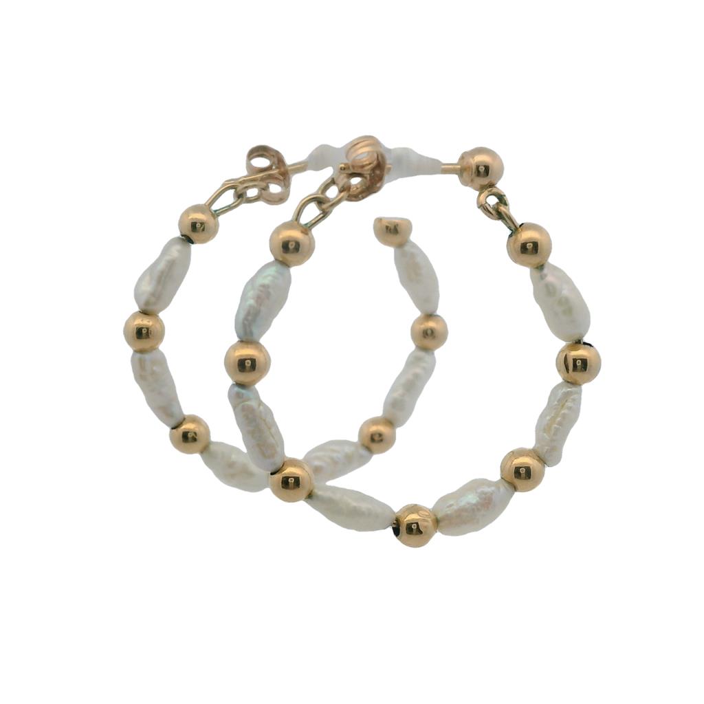 Estate 14K Yellow Gold Bead & Rice Pearl Hoop Earrings