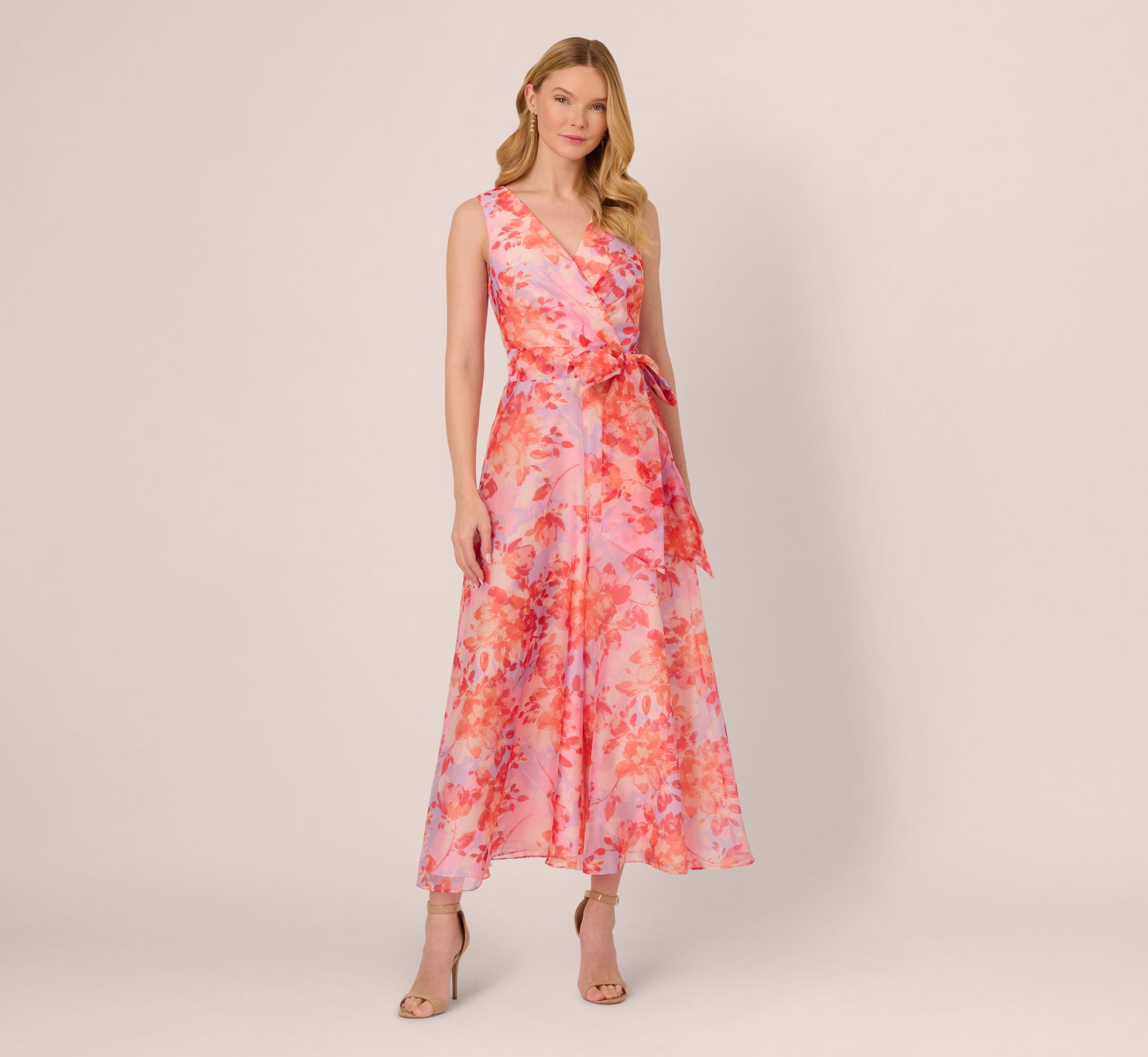 Sleeveless Floral Organza Wide Leg Jumpsuit In Peri Coral Multi、mySite、solidvoid