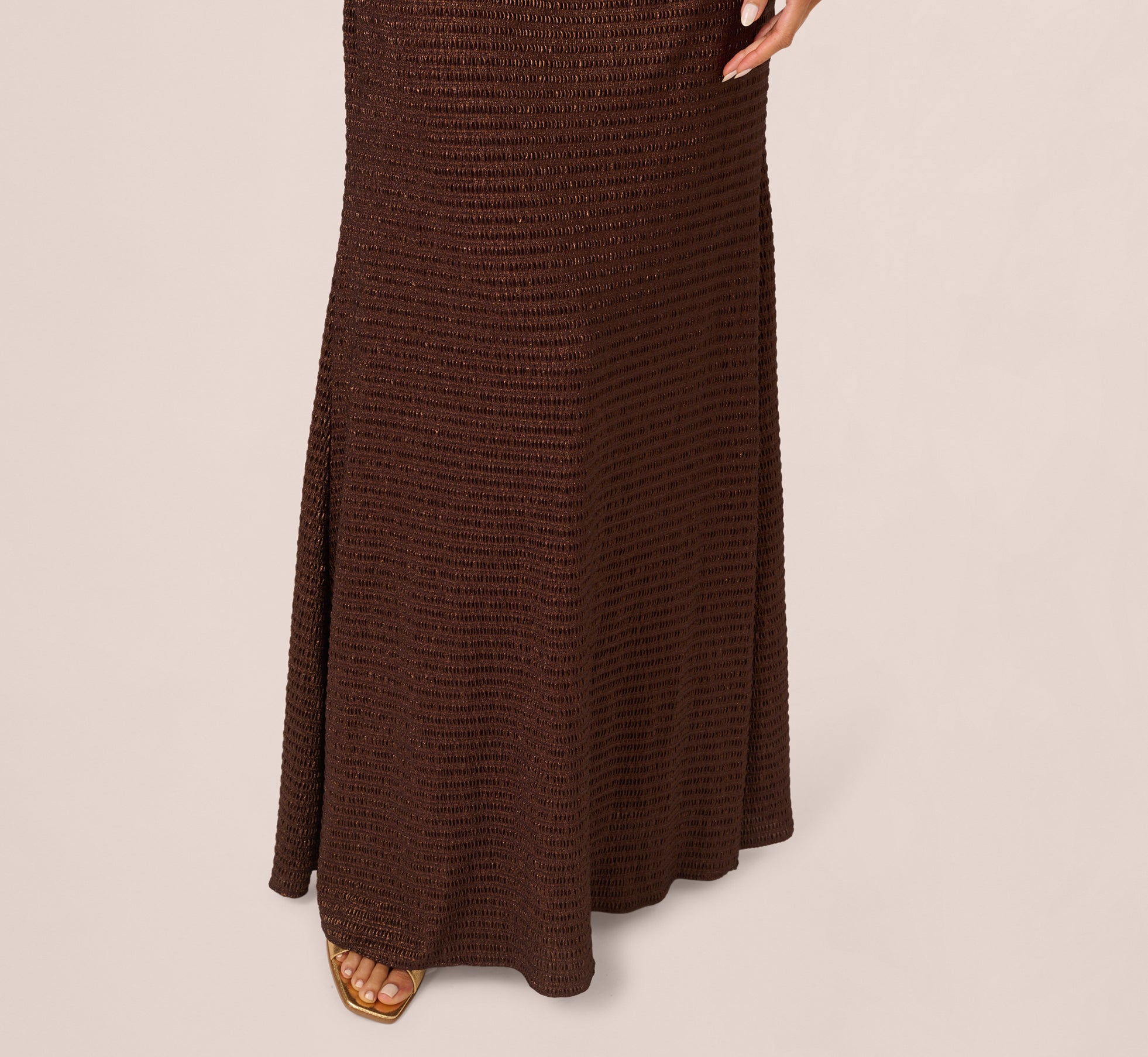 Pleated Metallic Cape Gown In Bronze、mySite、solidvoid