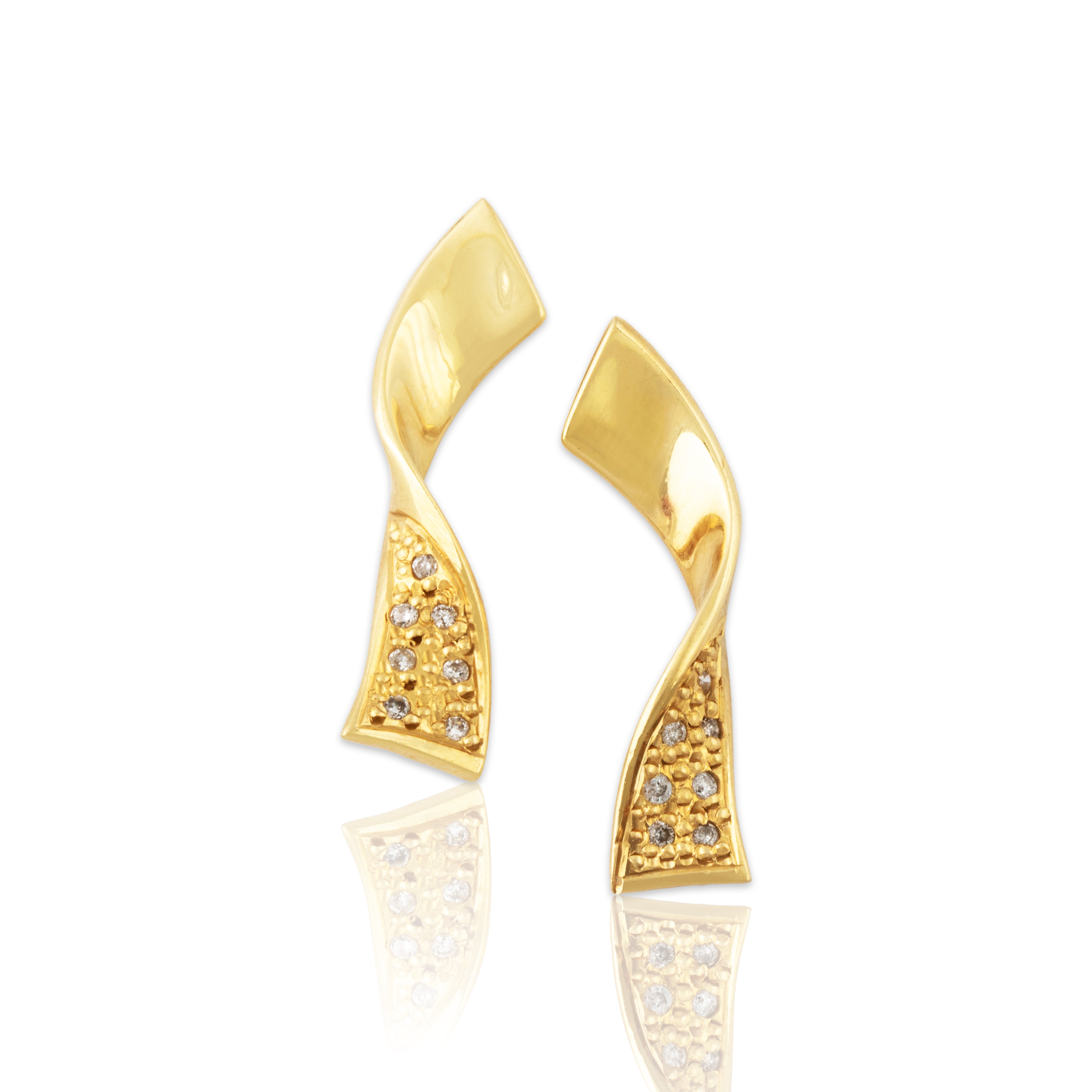 Vintage 18k Yellow Gold Diamond Modernist Ribbon Drop Stud Earrings、mySite、hinf8tx79