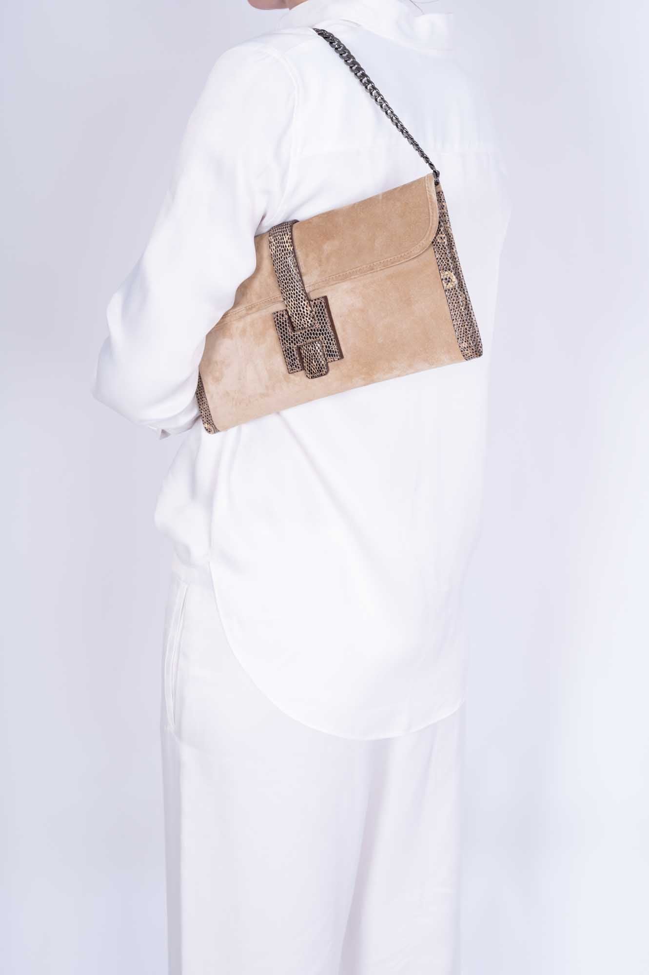 Hermès Jige Elan Clutch Sable Doblis Suede and Ombré Lizard、mySite、garminoutage.com