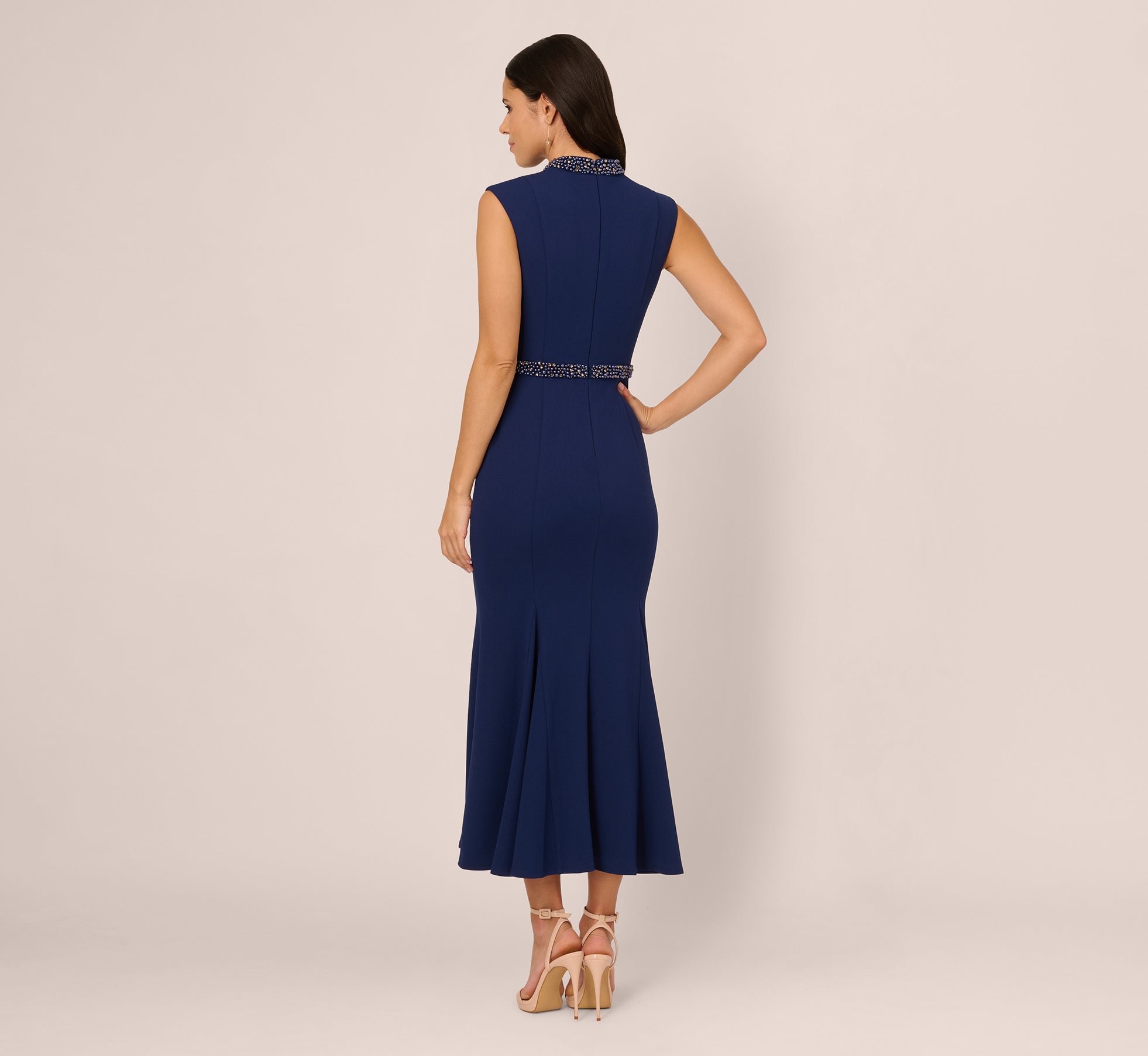 Sleeveless Mock Neck Pearly Midi Dress In Navy Sateen、mySite、solidvoid