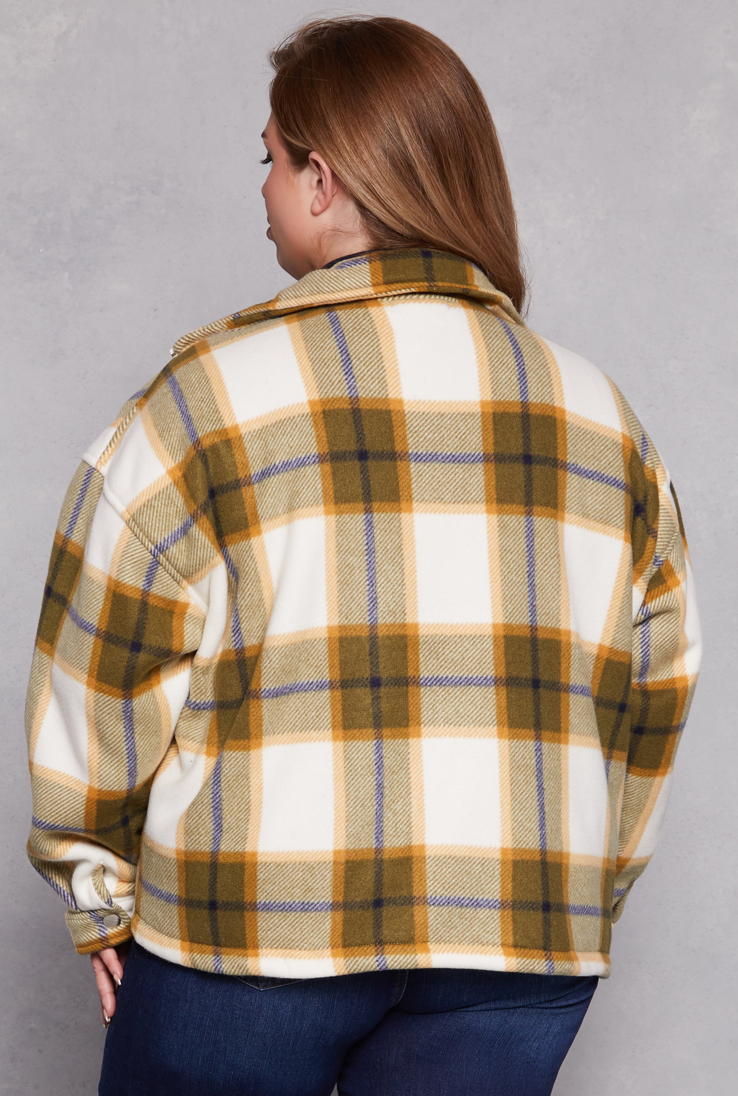 Plus Size Plaid Snap Button Zip Front Shacket、mySite、camillekostekn