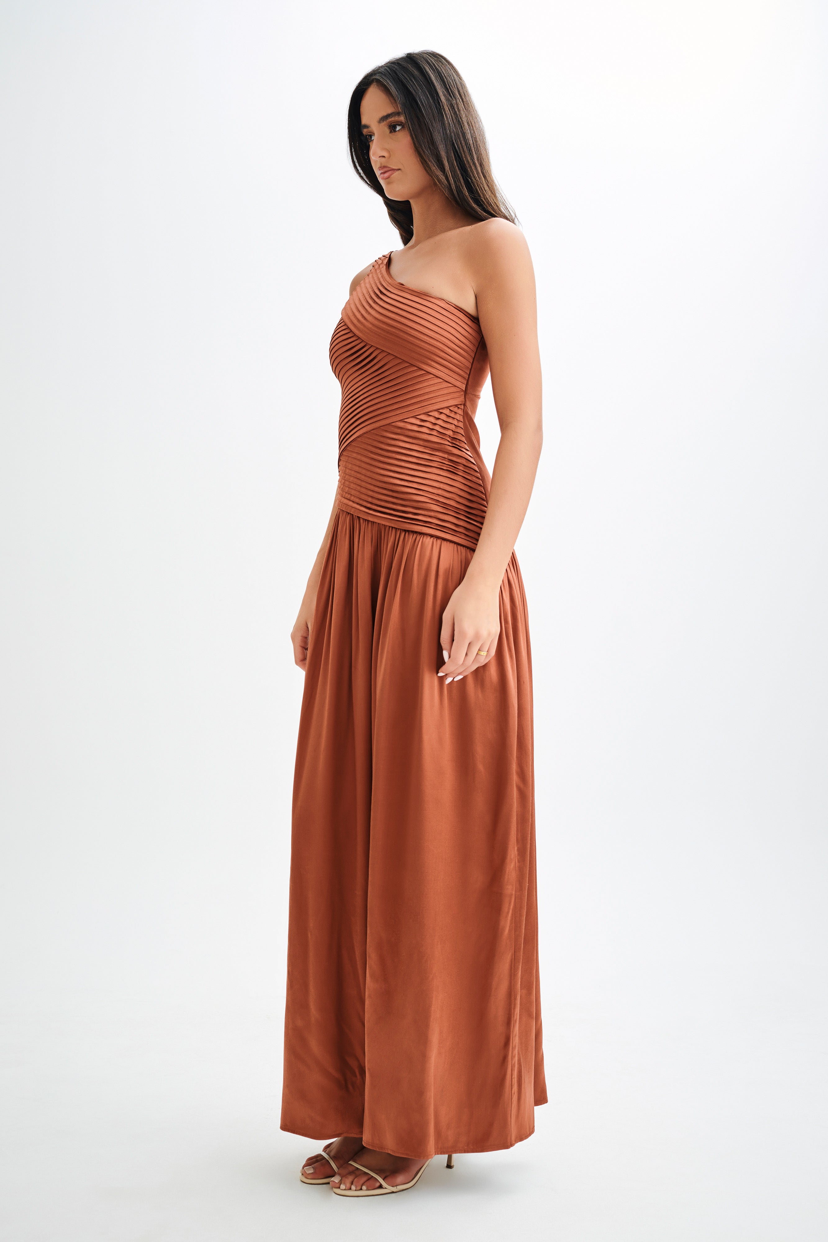 Jenna One Shoulder Pleated Maxi Dress - Wood、mySite、solidvoid