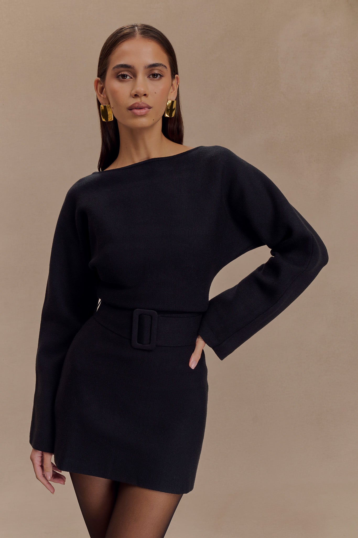 Kassie Belt Tie Knit Mini Dress - Black、mySite、solidvoid