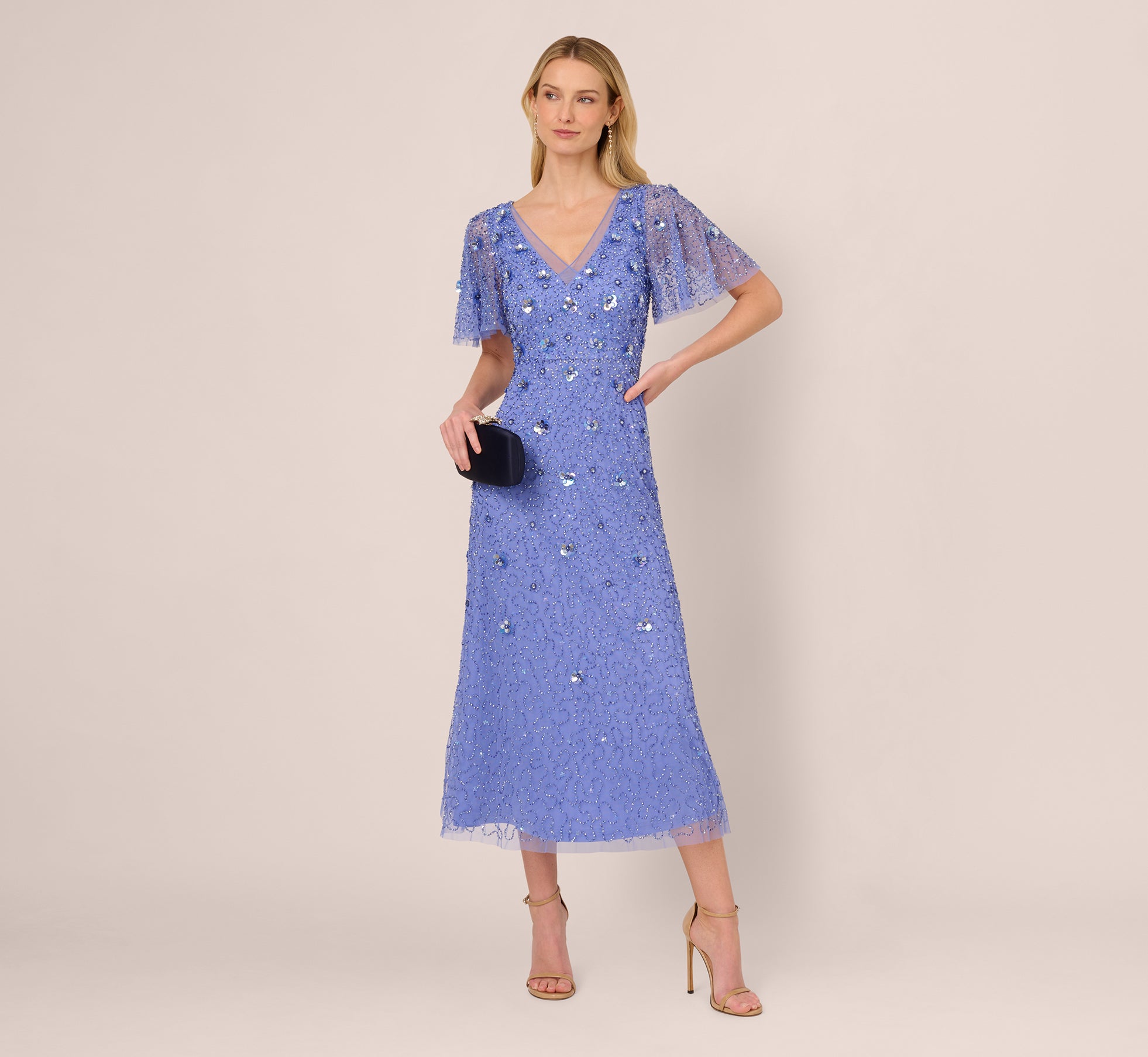 Beaded Mesh Flutter Sleeve Midi Dress In Peri Blue、mySite、solidvoid