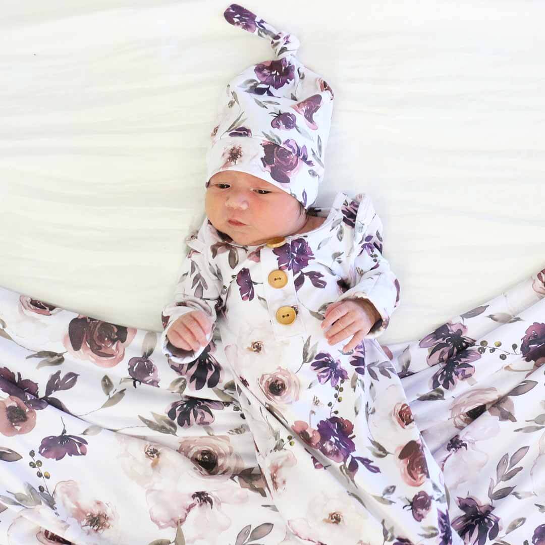  Demi's Dusty Purple Floral Newborn Baby Knot Gown & Hat Set、mySite、layawaytickets