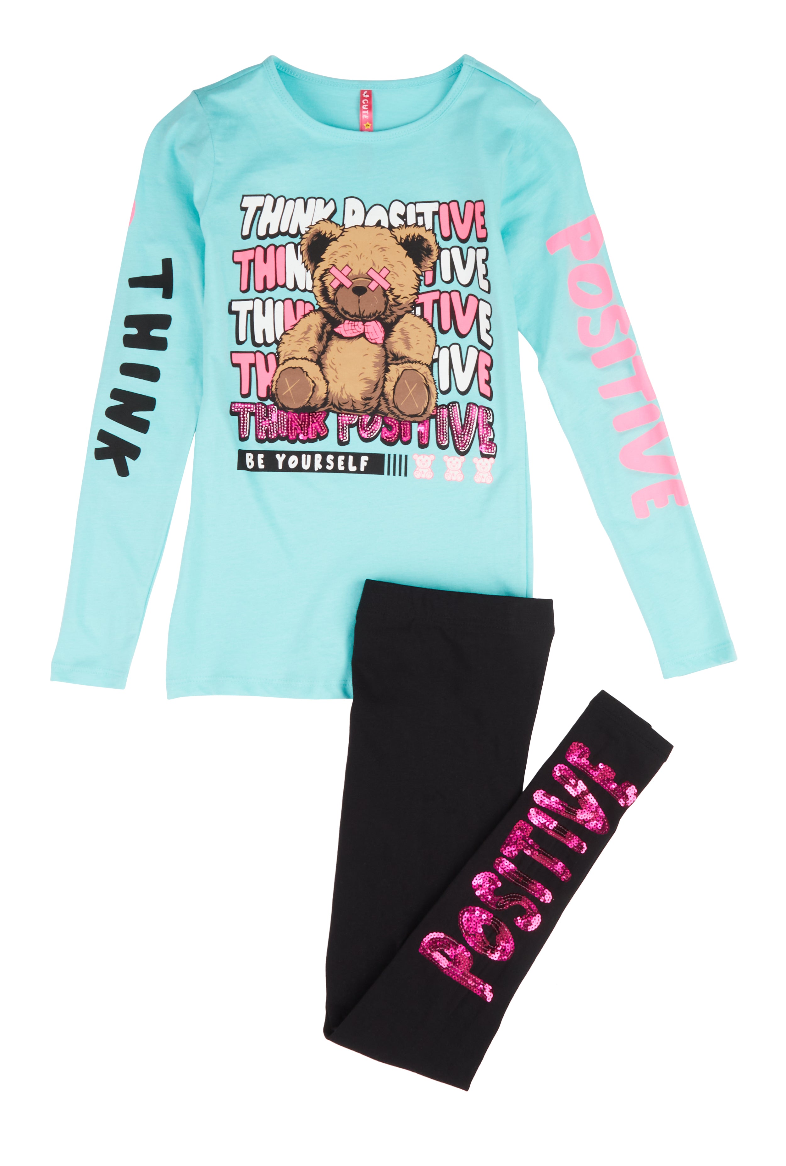 Girls Think Positive Sequin Graphic Tee and Leggings、mySite、camillekostekn