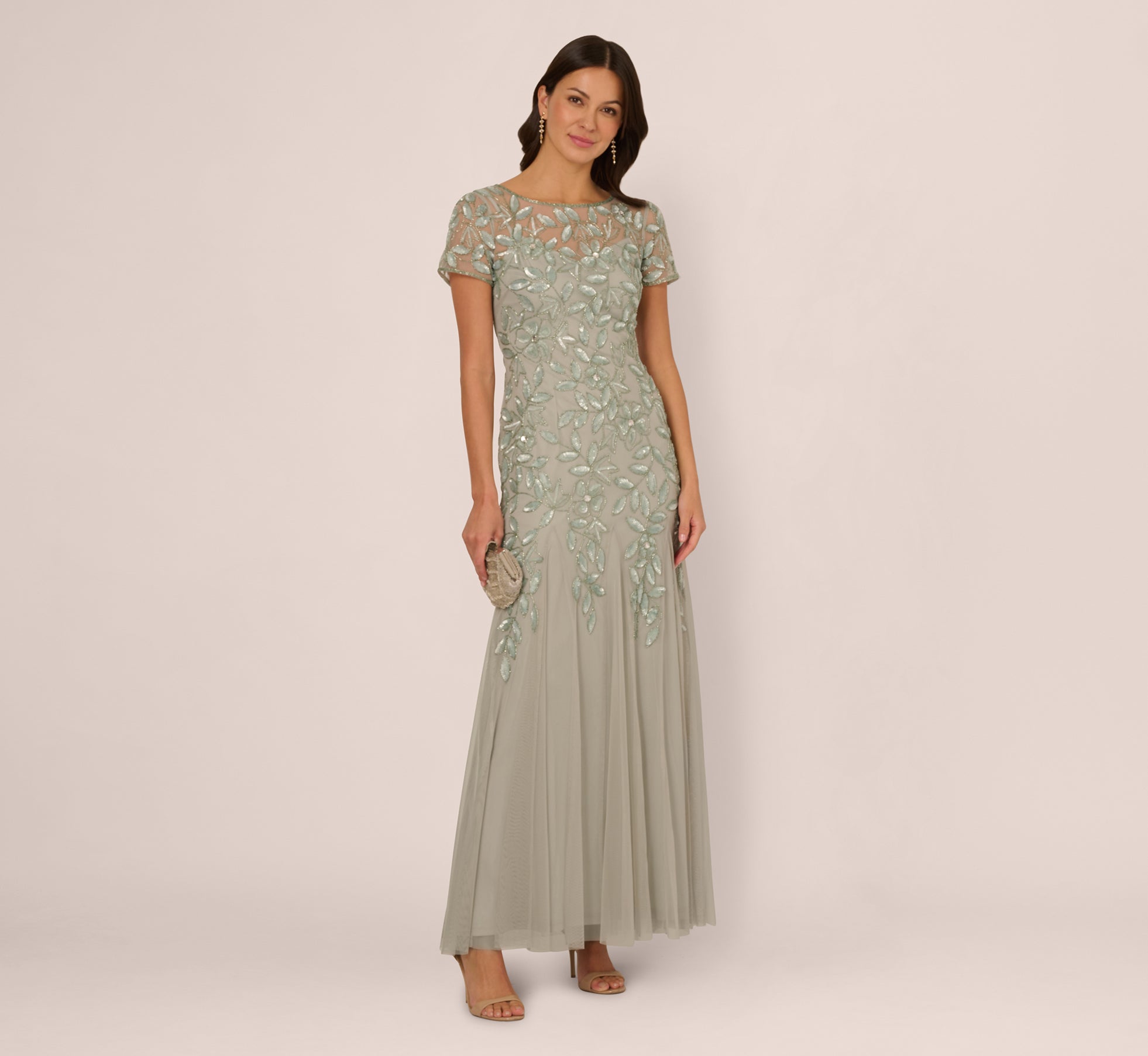 Hand Beaded Short Sleeve Floral Godet Gown In Frosted Sage、mySite、solidvoid