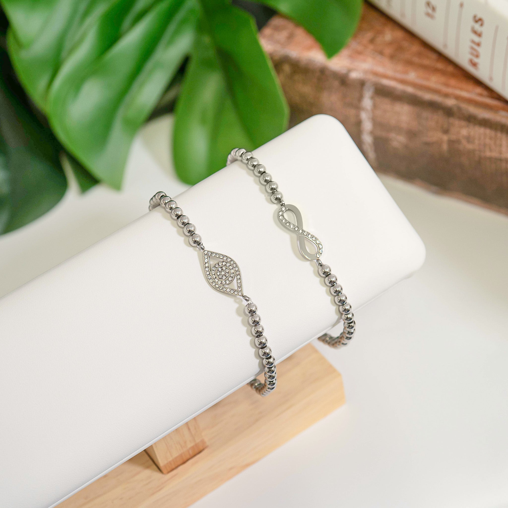 18K Gold PVD Stainless Steel Stone Infinity Sign Metal Beaded Stretch Bracelet / BRJ1017、mySite、dreamappss