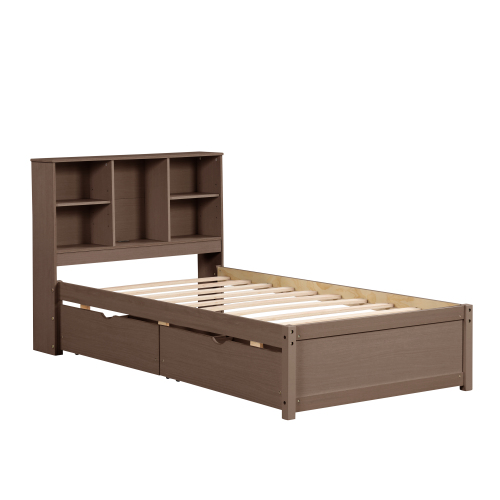 Modern Twin Size Bed Frame With Built-in USB Port on Bookcase Headboard and 2 Drawers for Walnut Color、、xpatfood