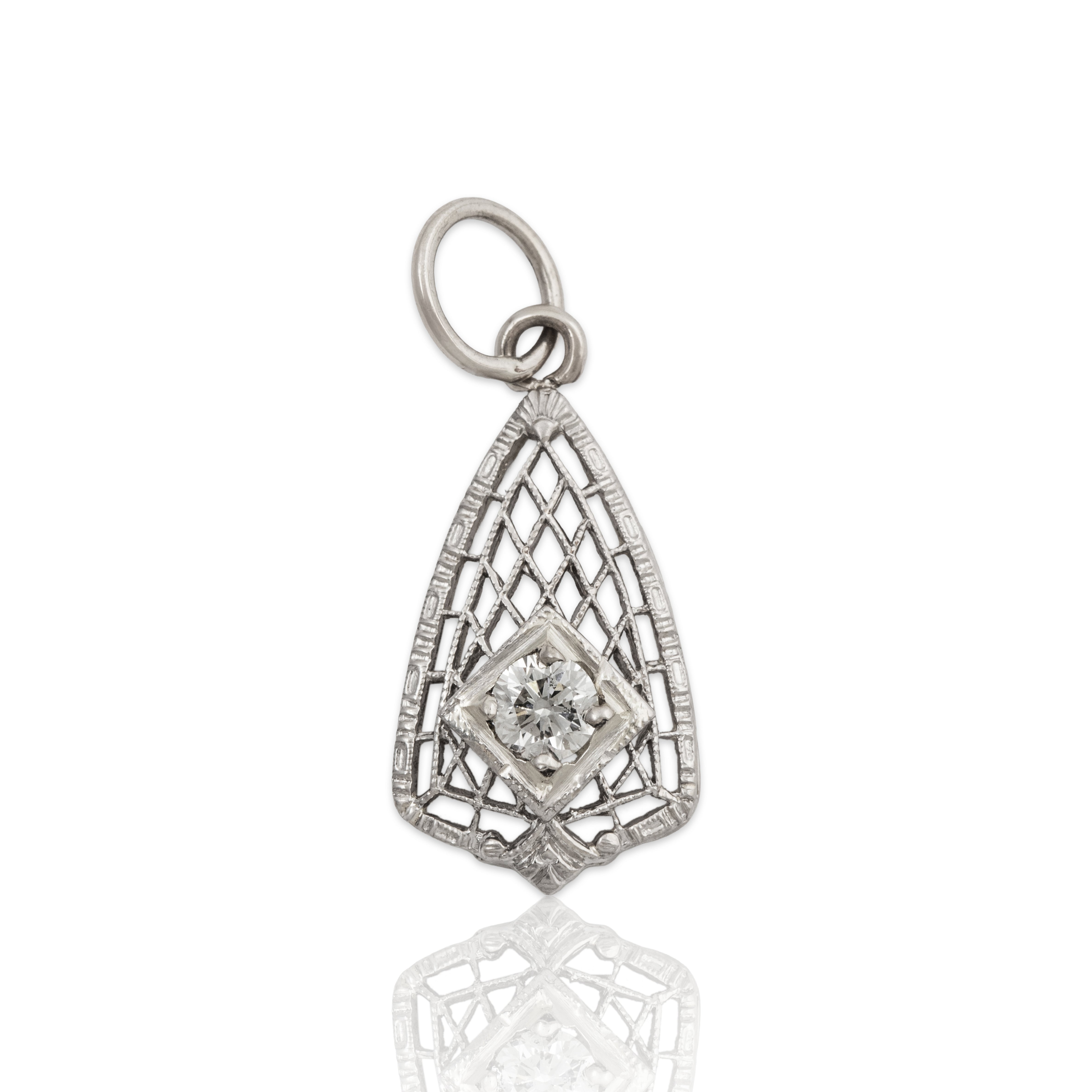 Antique Art Deco 14k White & Yellow Gold Diamond Openwork Shield Charm / Pendant、mySite、hinf8tx79