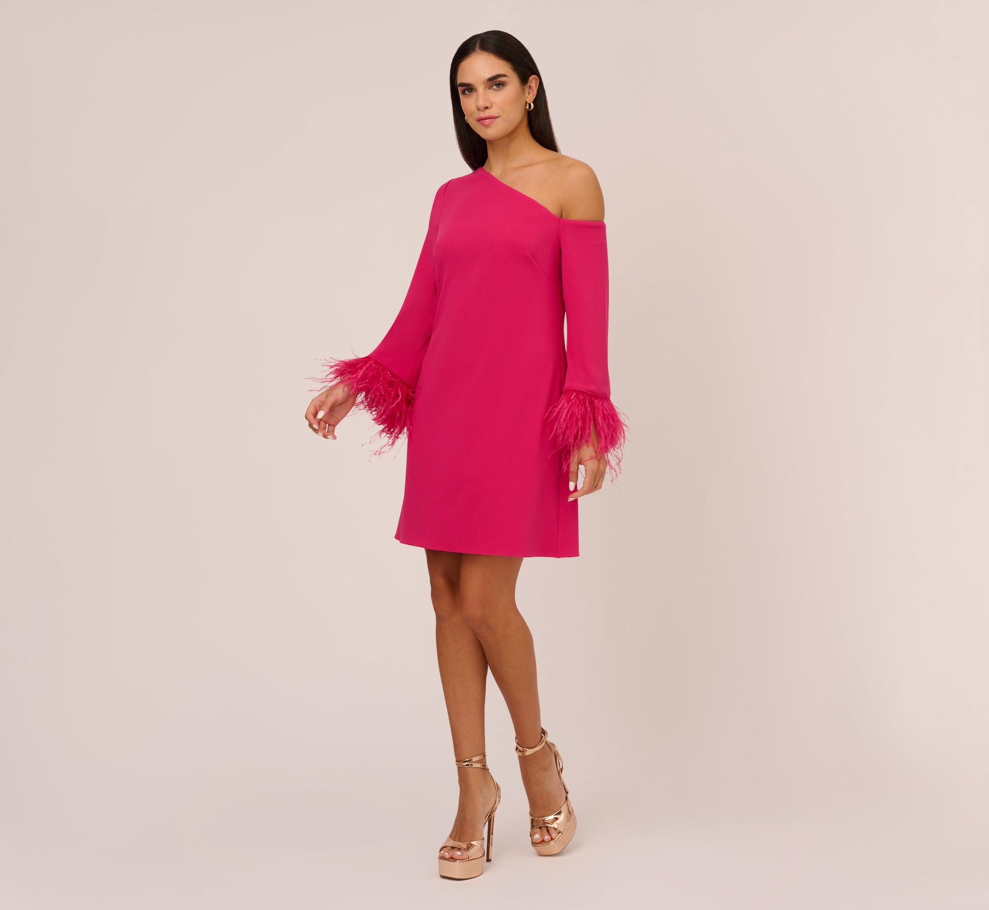 Knit Crepe One Shoulder Long Sleeve Dress With Feather Accents In Bright Rose、mySite、solidvoid